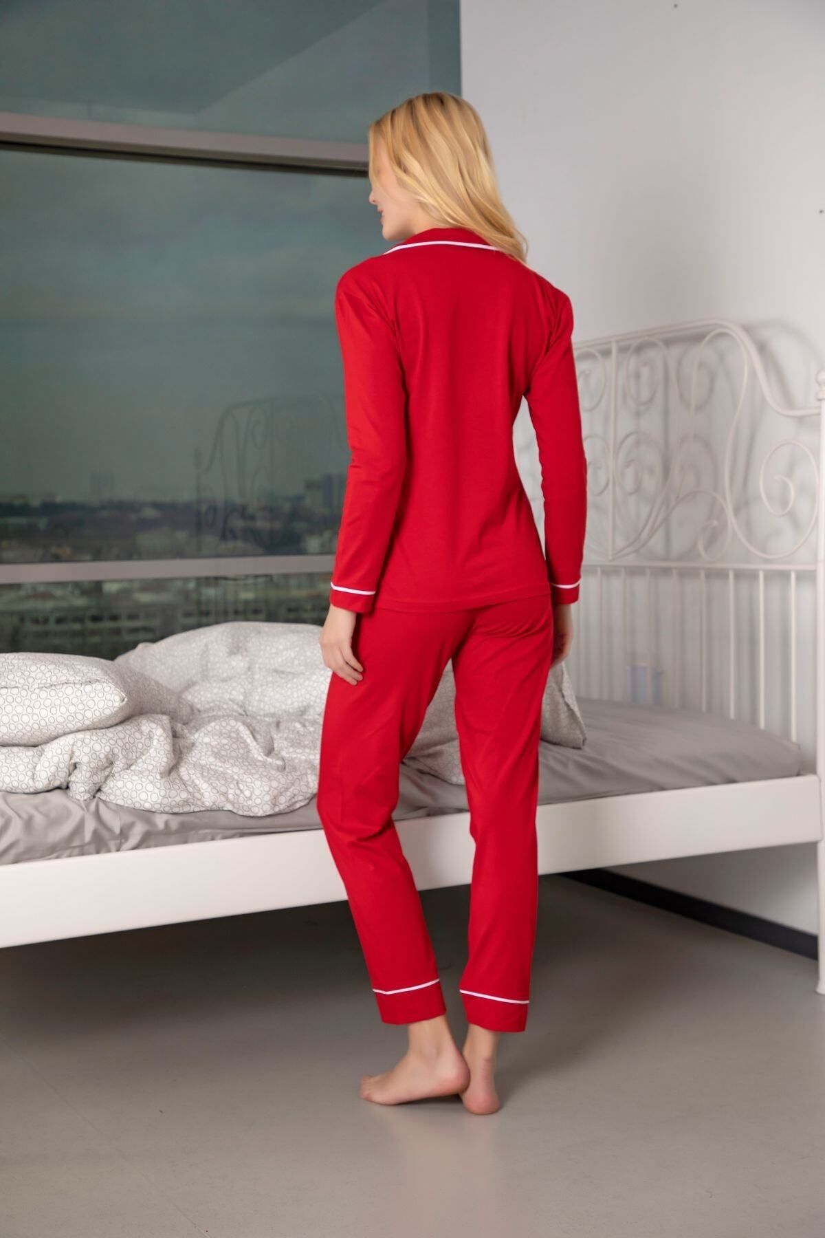 Huq Moda-New Year's Women's Cotton Buttoned Pajamas Set Red New Year's Collection 4