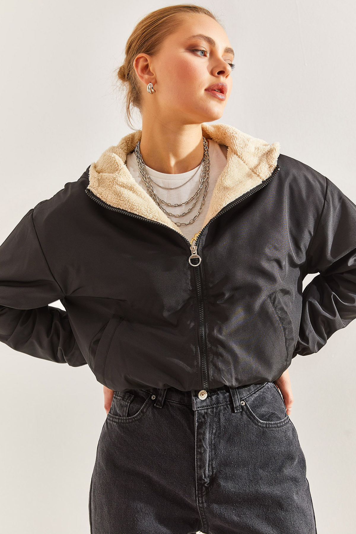 Bianco Lucci Dámsky plyšový kabát s kapucňou 60061016