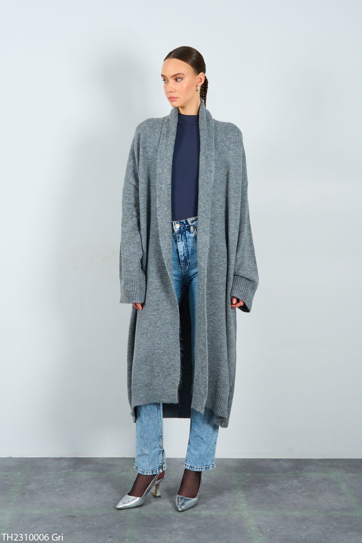Liora Women s Light Gray Shawl Collar Knitwear Long Cardigan