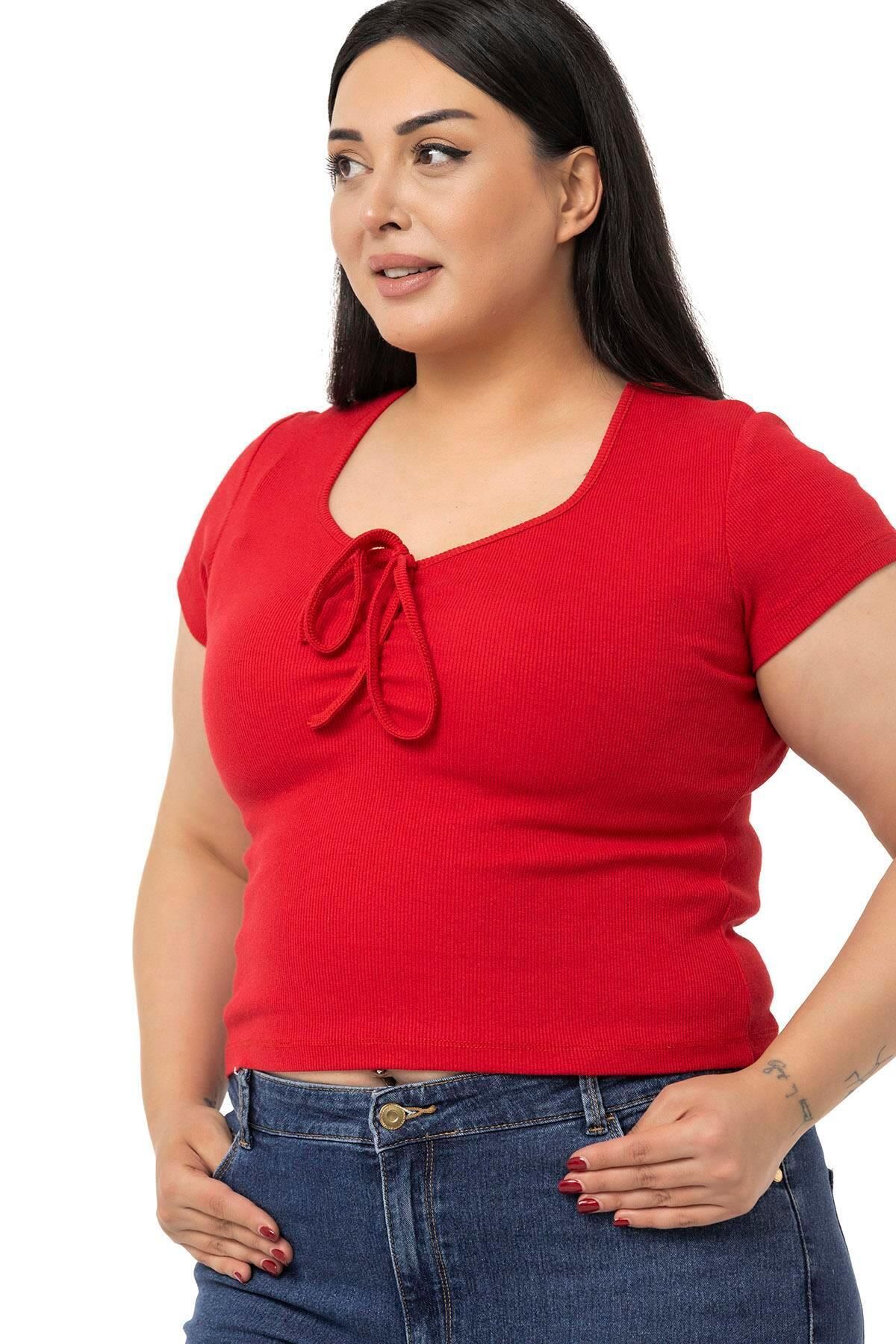 DISENTIS MODEST-Plus Size Half Sleeve Camisole Red Body with Lace Detail on the Chest 5