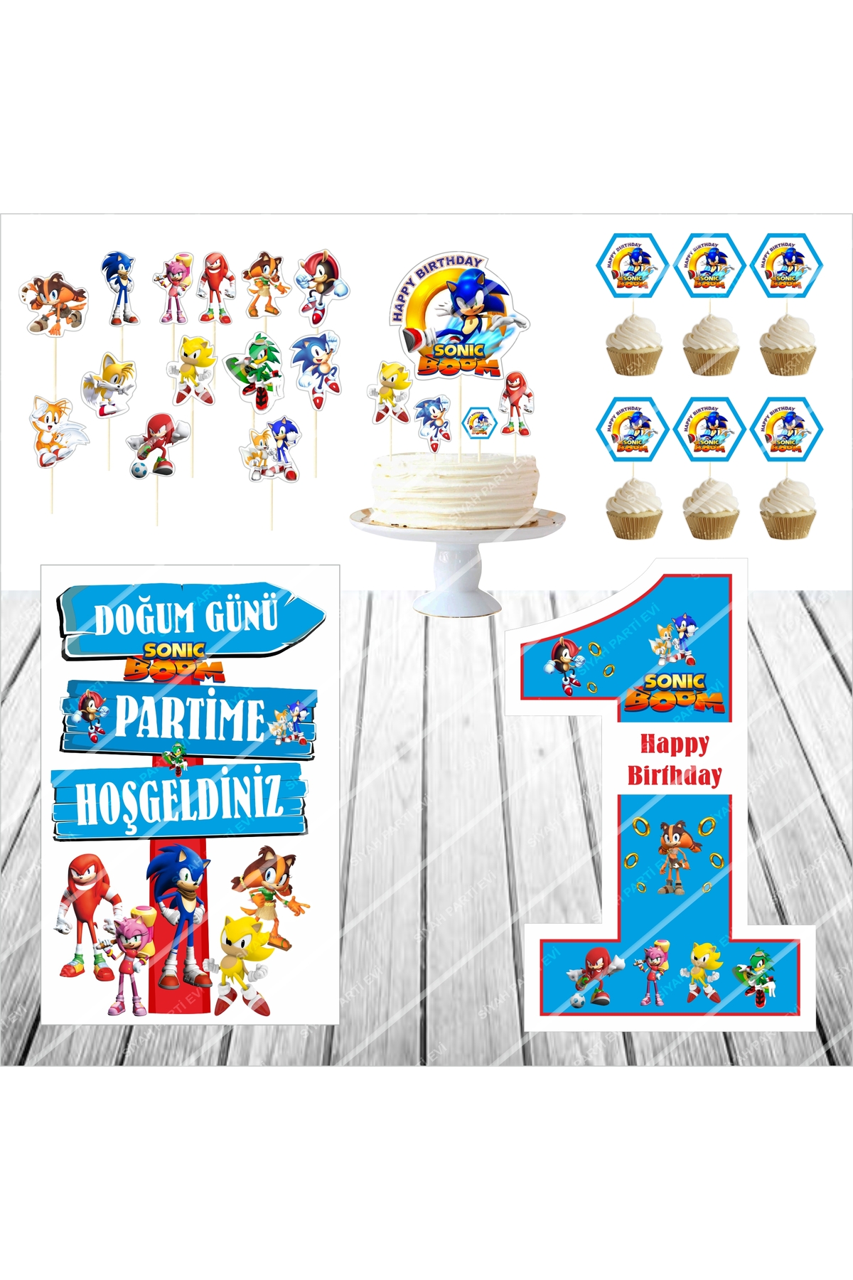 Sonic Boom Doğum Günü Masa Panosu / Pasta Süsü Seti 1 Yaş