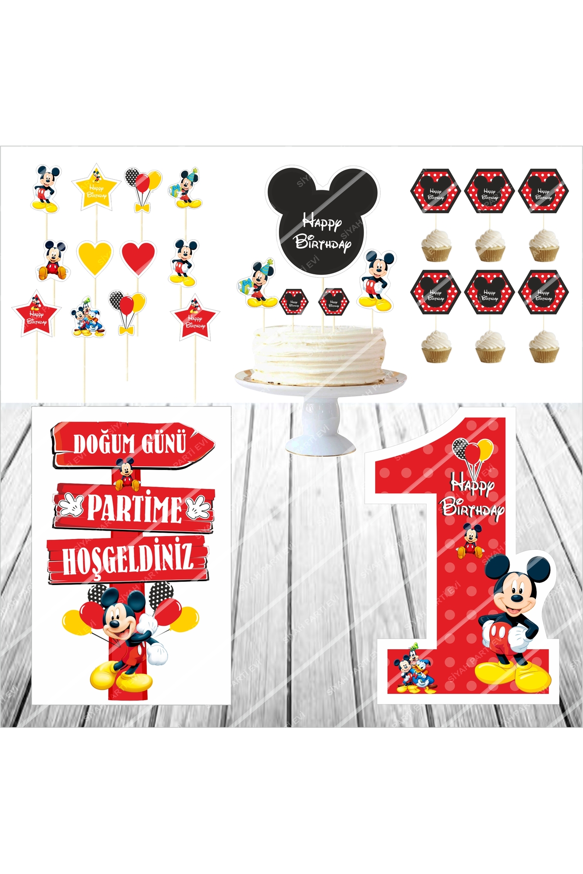 Mickey Mouse Doğum Günü Masa Panosu / Pasta Süsü Seti 1 Yaş