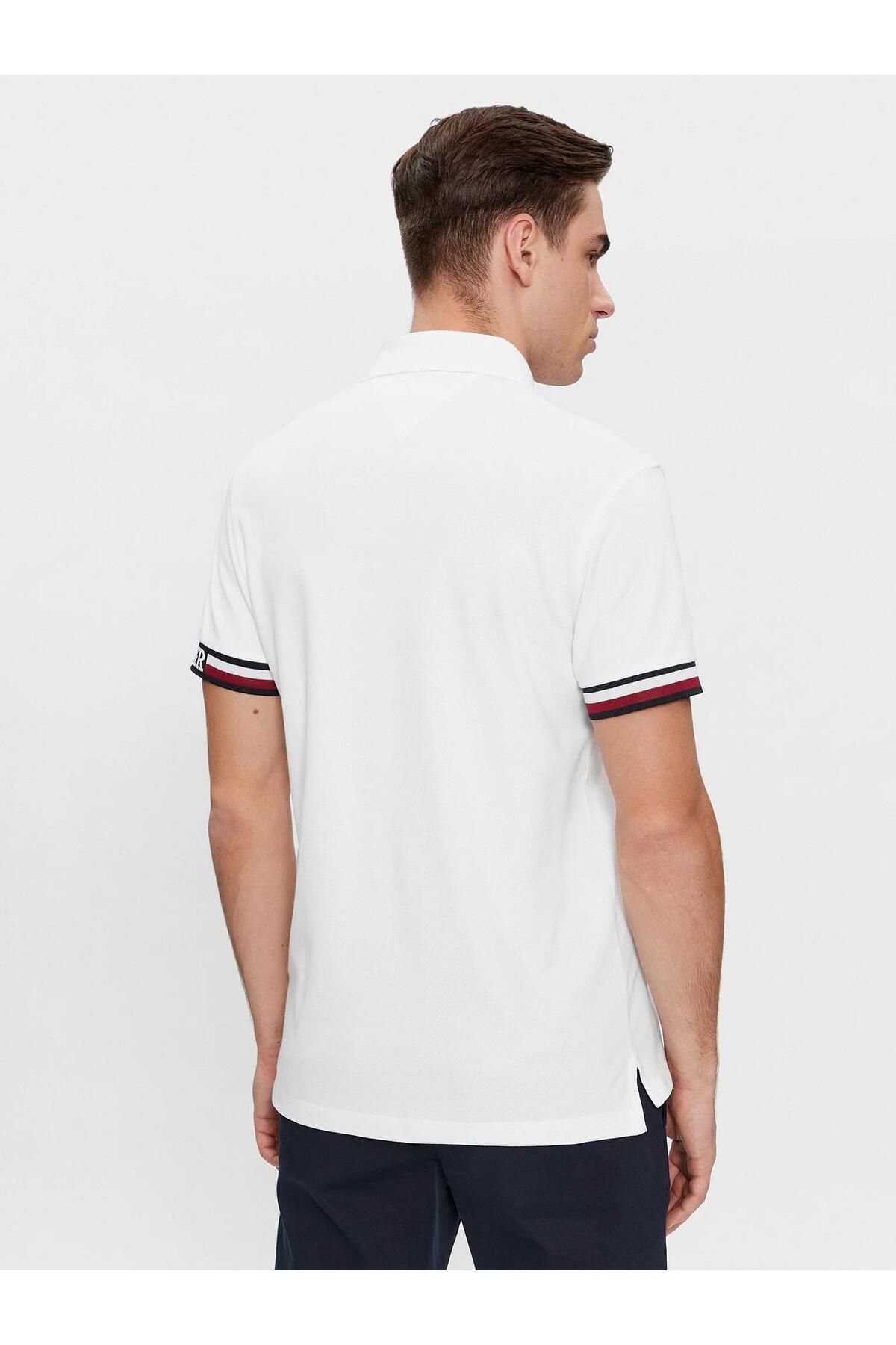 تی شرت یقه پولو سفید مردانه پرچم یکنواخت کاف متناسب با چوگان Tommy Hilfiger