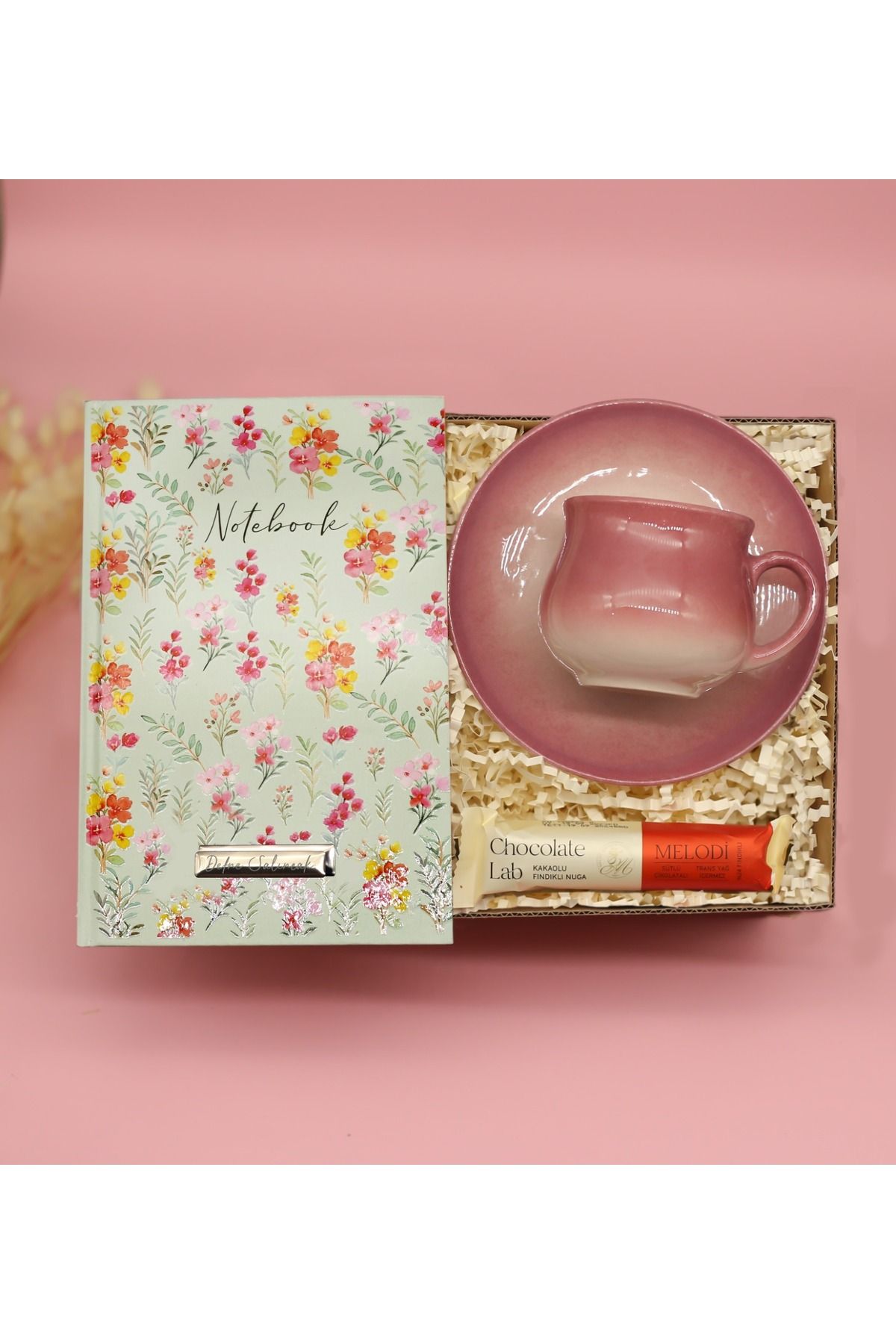 Personalized Patterned Notebook & Handmade Colorful Coffee Cup & Melodi Hazelnut Nougat Gift Set