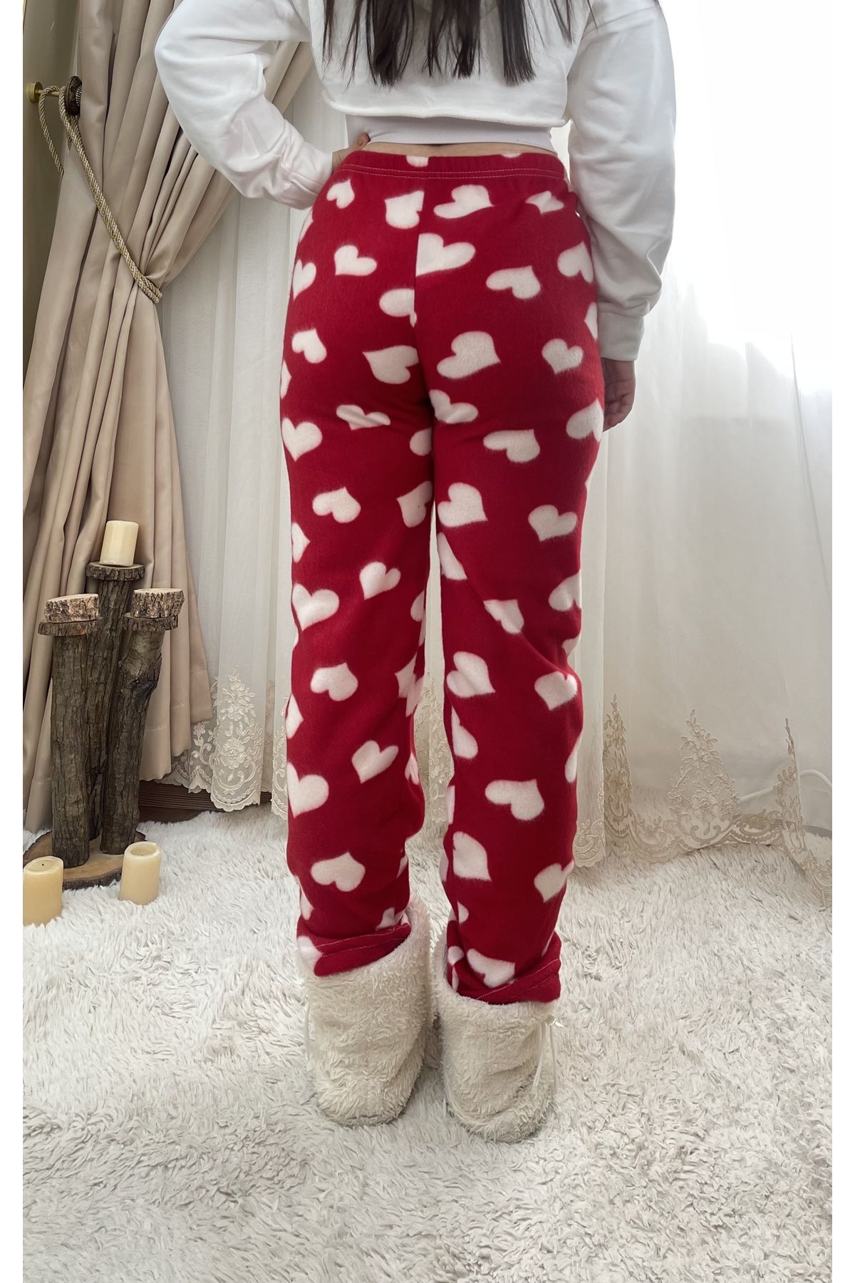 Betimoda Red Heart Women's Fleece Pajama Bottoms Winter Elastic
