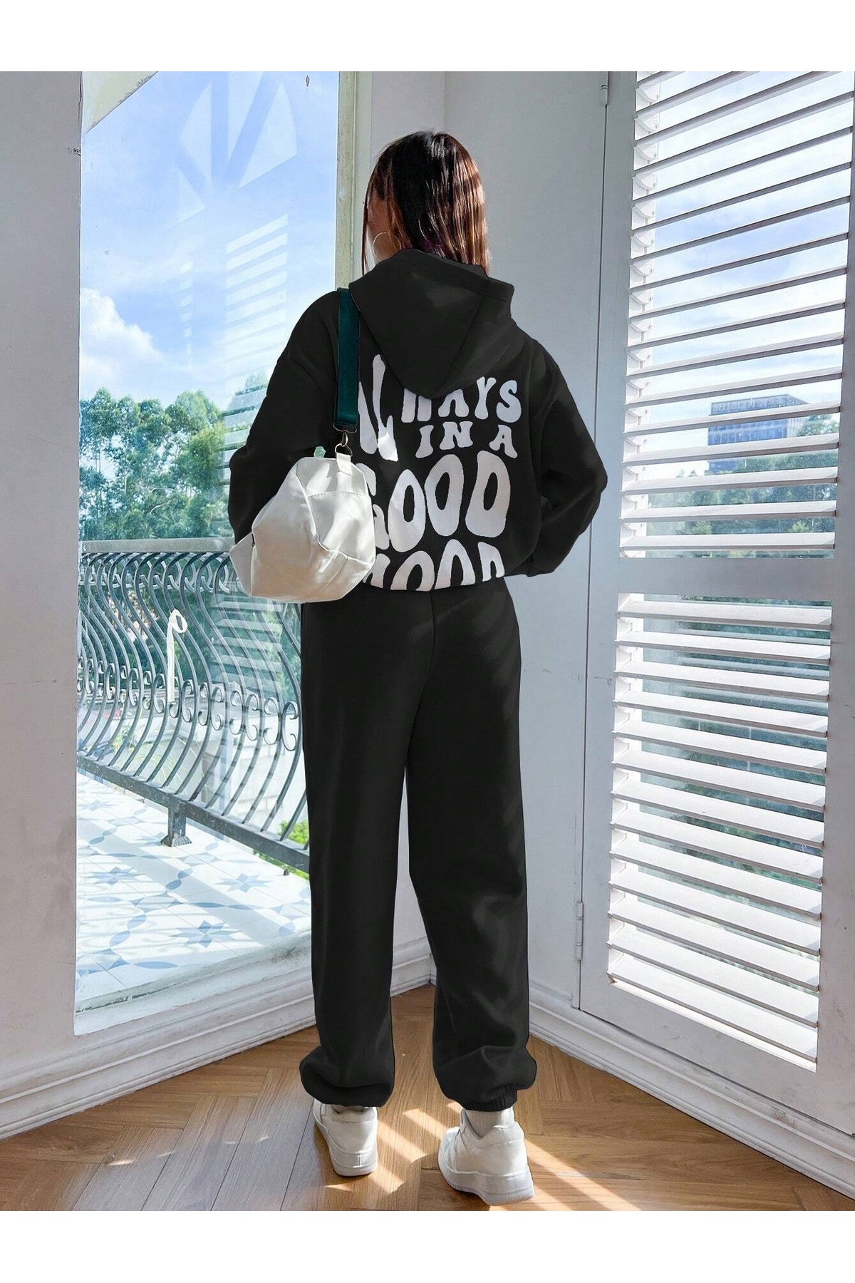 Good Mood Kapüşonlu Kombin Unisex Alt Üst Eşofman Takımı - Siyah Baskılı Oversize Lastik Paça — مشکی GDMDTKM-MR