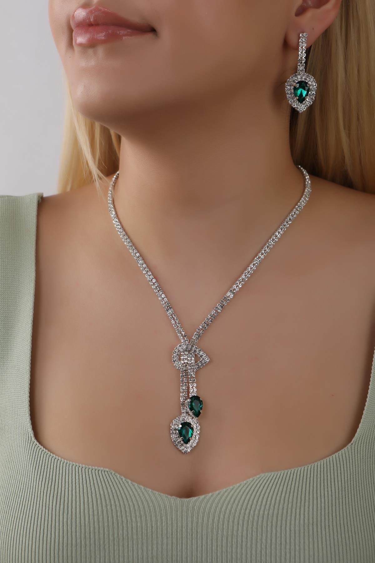 HUBANN-Stylish Water Path Green Drop Stone Necklace Earring Set Bridal Jewelry Set Engagement Set Party Invitation Set 1