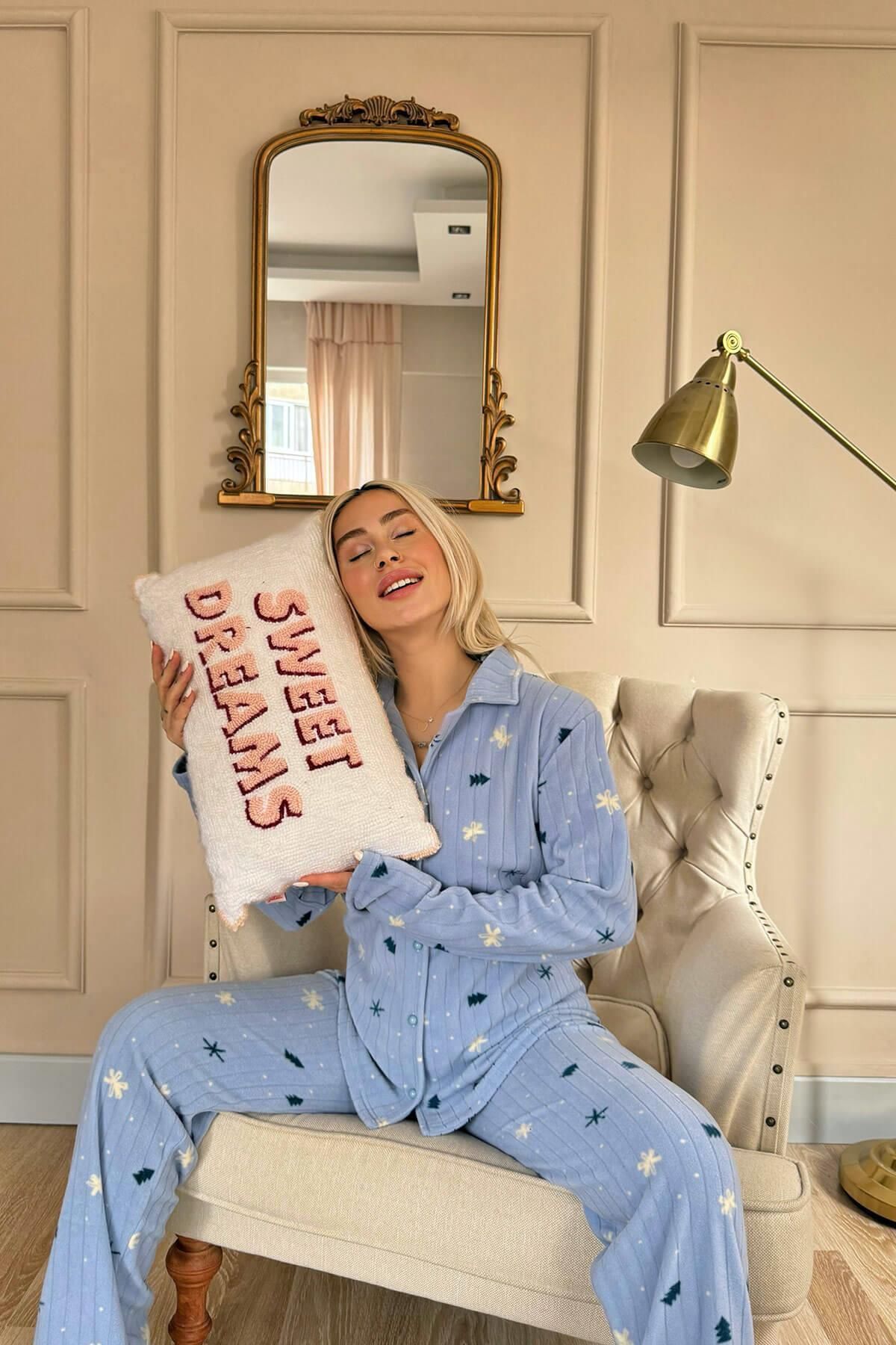 Pijamaevi-Blue Pine Patterned Front Buttoned Plush Fleece Pajama Set 3