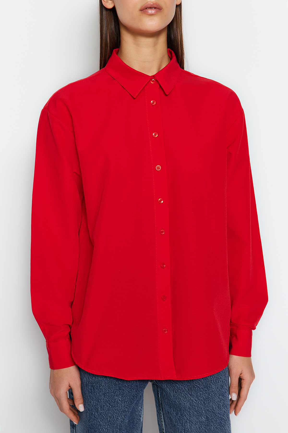  TRENDYOLM?LLA K?rm?z? Loose Fit Dokuma G?mlek