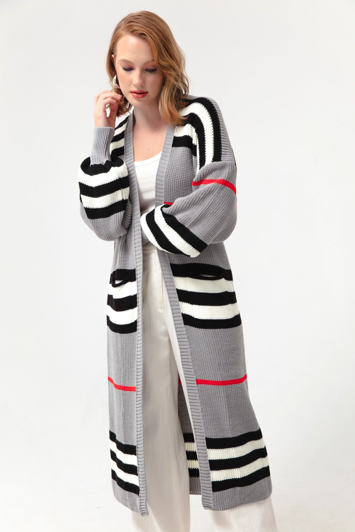 Lafaba-Cardigan lung de tricot cu mânecă cu balon gri-alb pentru femei 2