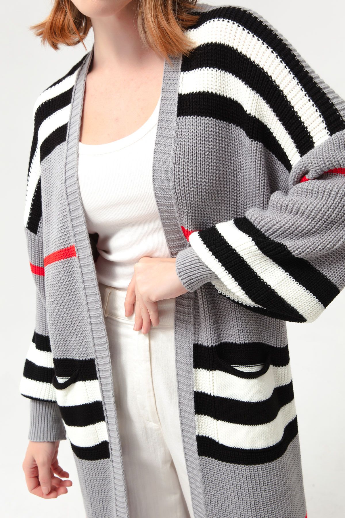 Lafaba-Cardigan lung de tricot cu mânecă cu balon gri-alb pentru femei 4