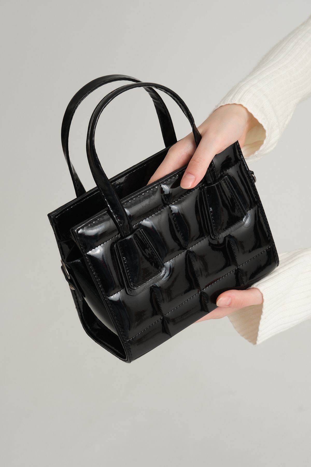 Black patent mock croc handbag sale