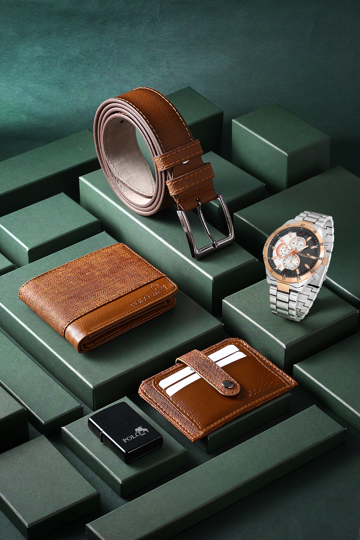 Polo Air Erkek Kol Saati Kemer Cüzdan Kartlık Çakmak Kombin Set Taba Renk PL-0790E7