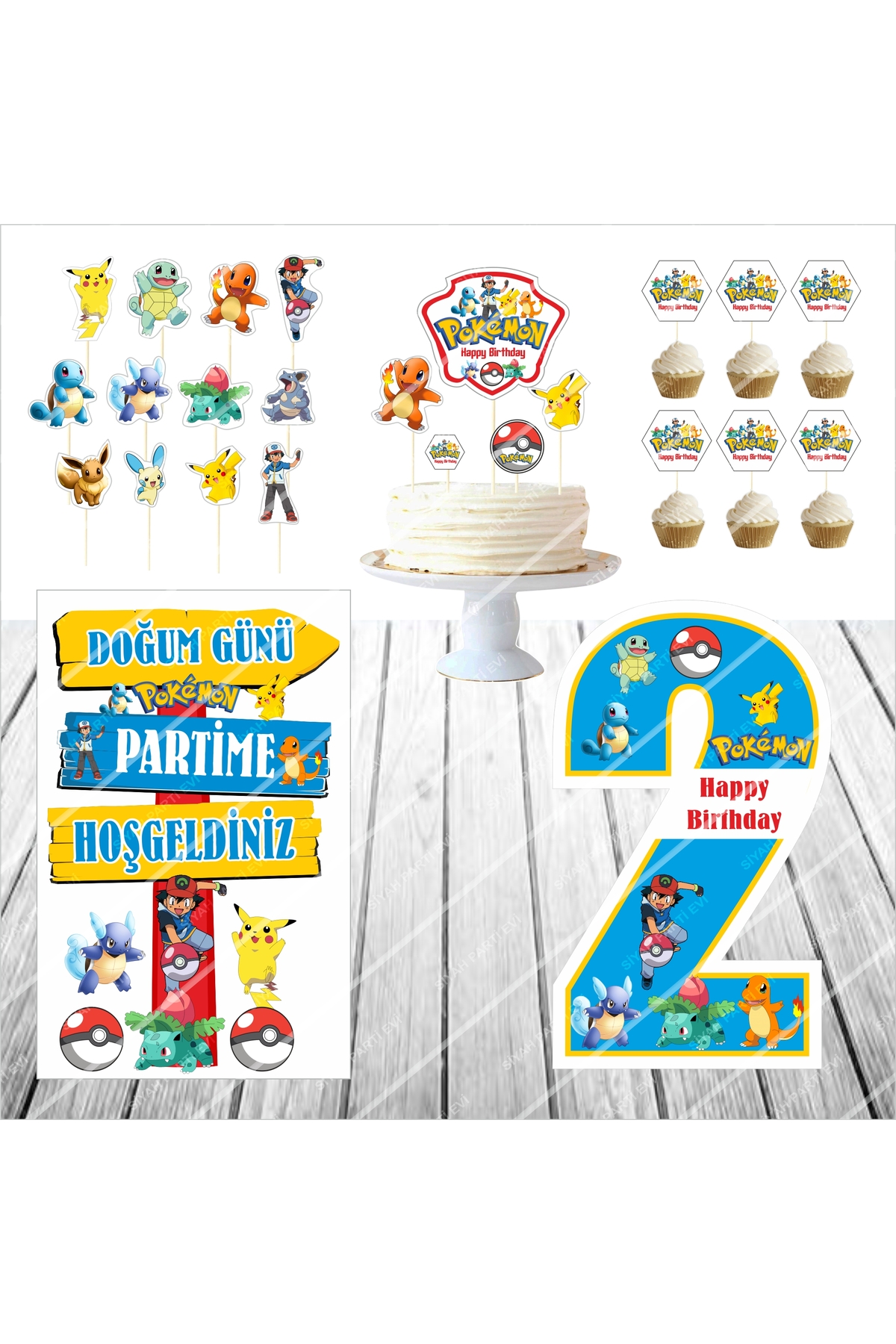 POKEMON Doğum Günü Masa Panosu / Pasta Süsü Seti 2 Yaş