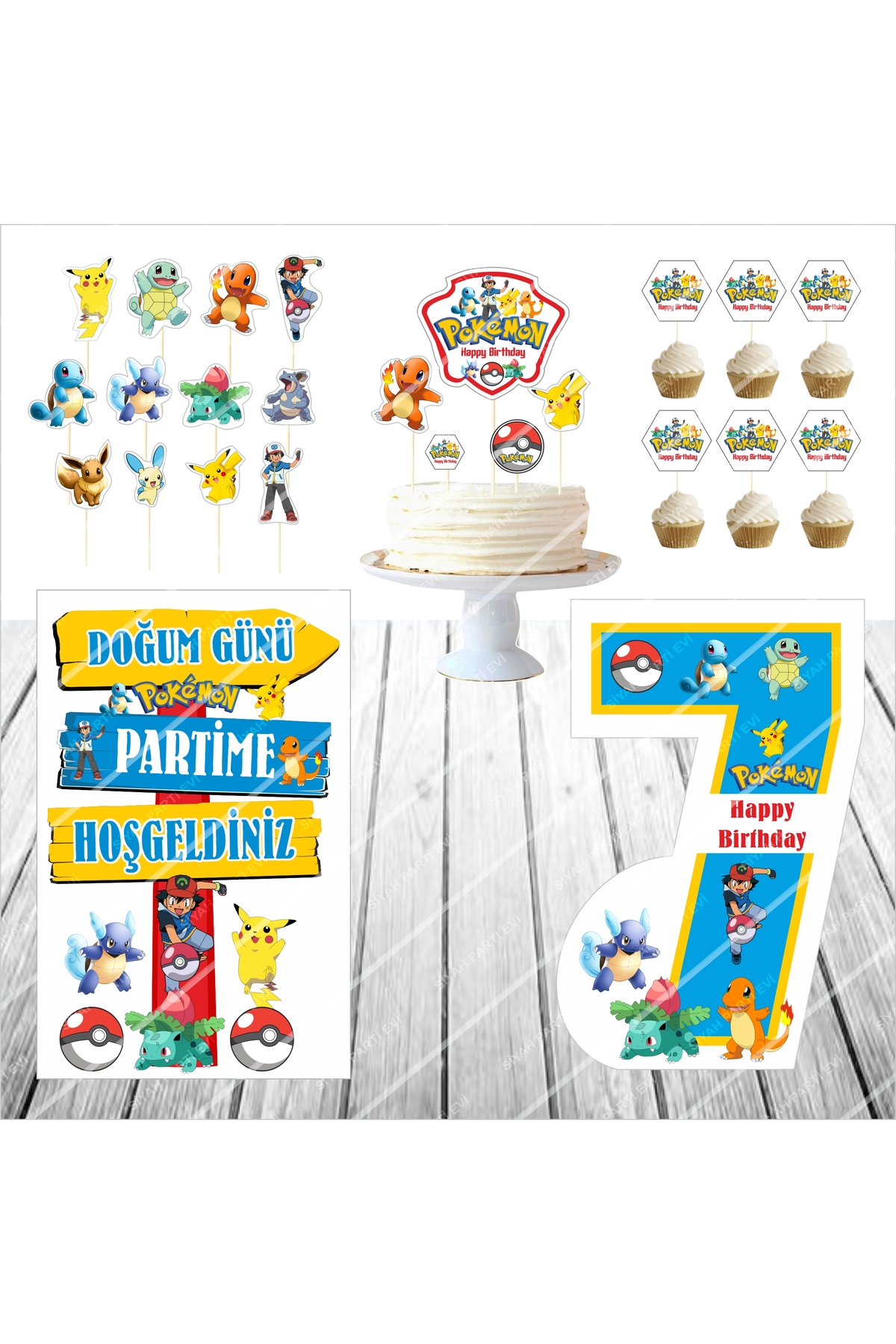 POKEMON Doğum Günü Masa Panosu / Pasta Süsü Seti 7 Yaş