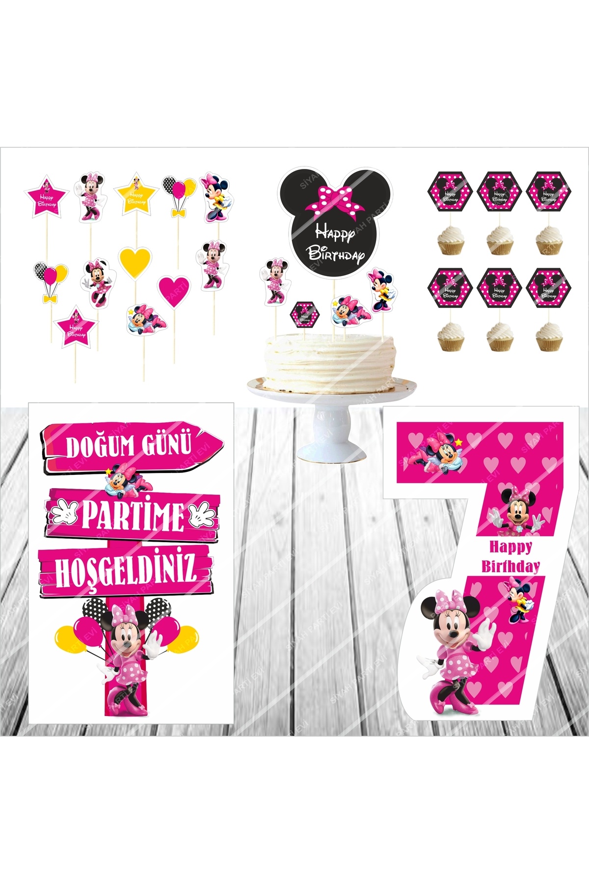 Minnie Mouse Doğum Günü Masa Panosu / Pasta Süsü Seti 7 Yaş