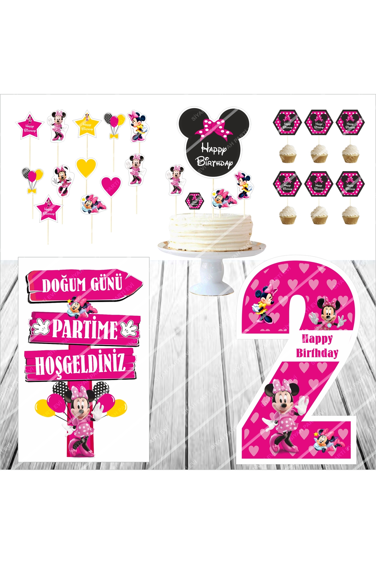 Minnie Mouse Doğum Günü Masa Panosu / Pasta Süsü Seti 2 Yaş