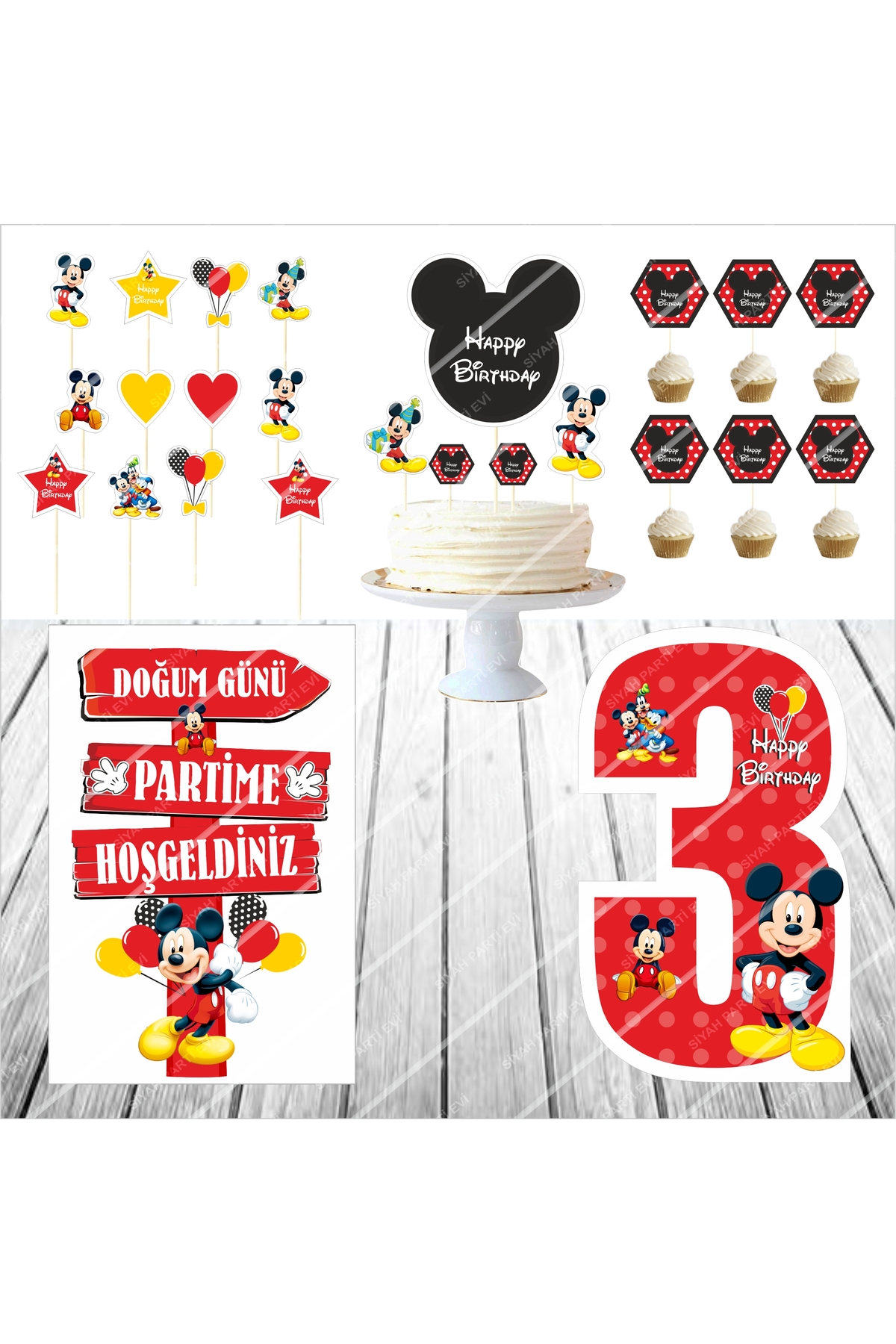 Mickey Mouse Doğum Günü Masa Panosu / Pasta Süsü Seti 3 Yaş