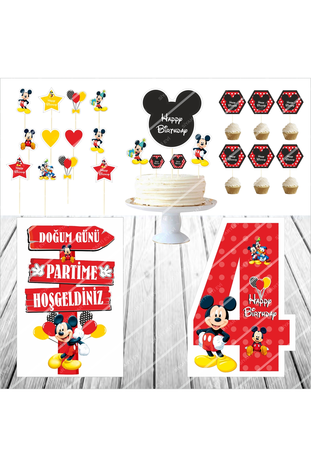 Mickey Mouse Doğum Günü Masa Panosu / Pasta Süsü Seti 4 Yaş