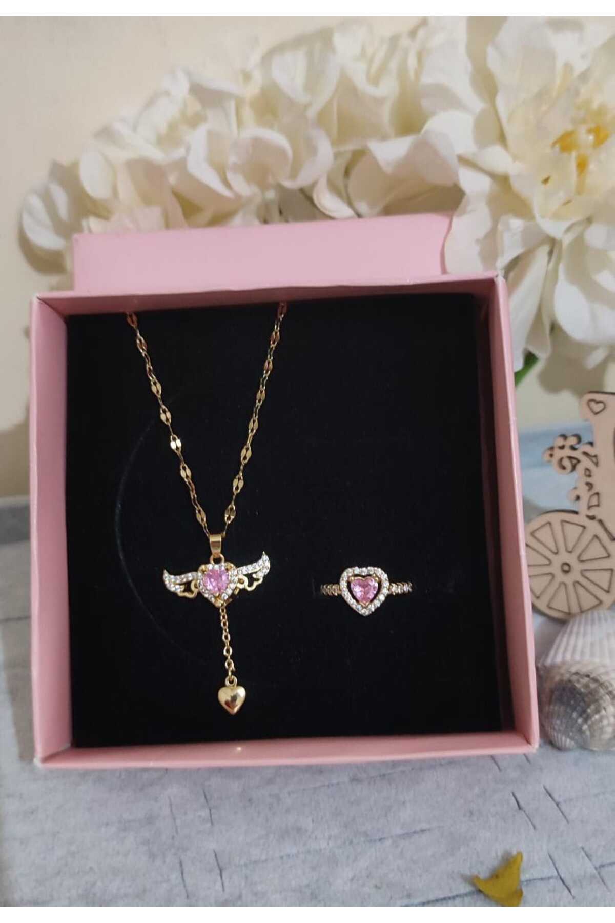 Steel Gold Heart Gemstone Necklace My Ring Set