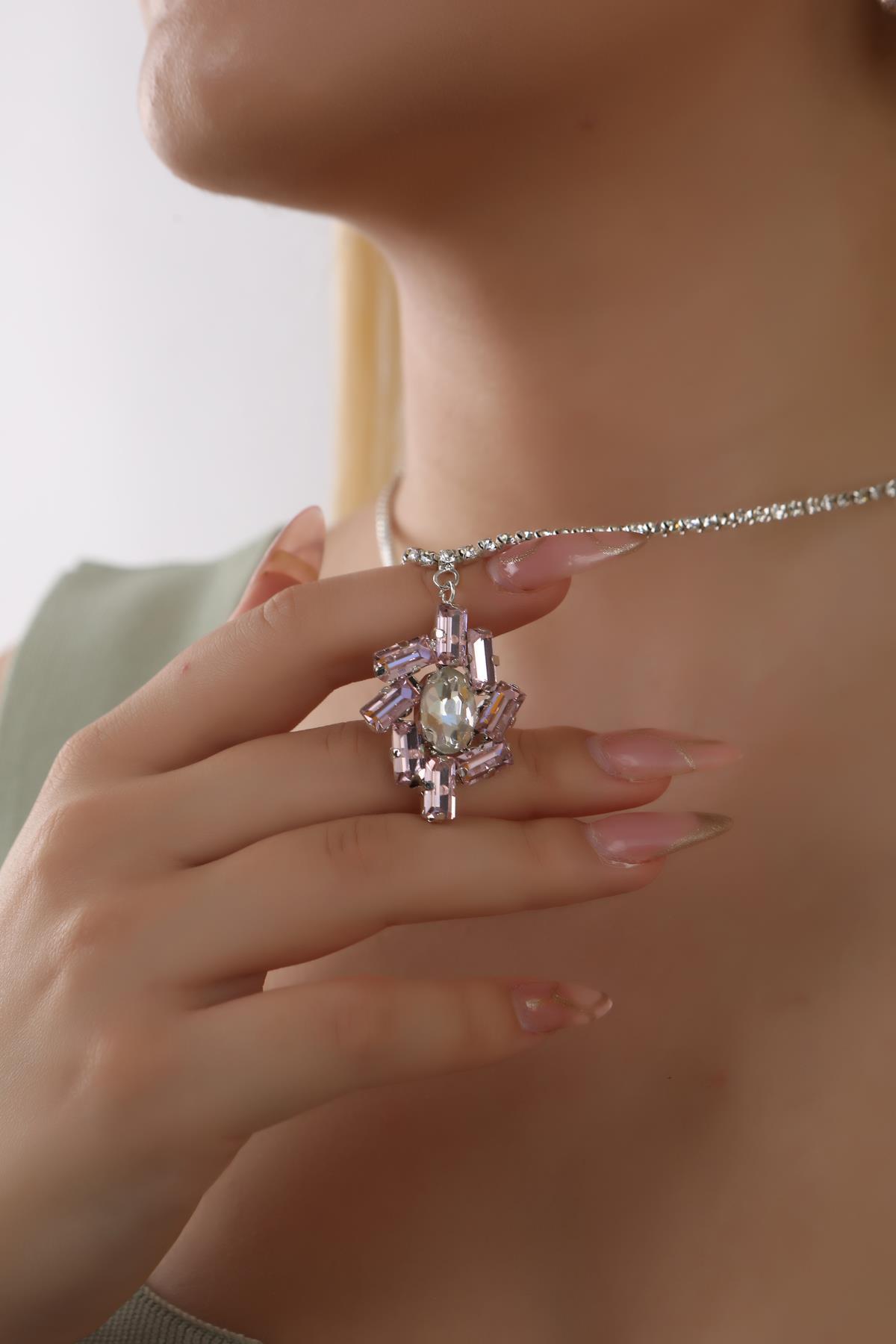 Geometrik Su Yolu Pembe Taşlı Çok Taşlı Takı Seti Taşlı Tasarım Kolye Küpe Seti 4