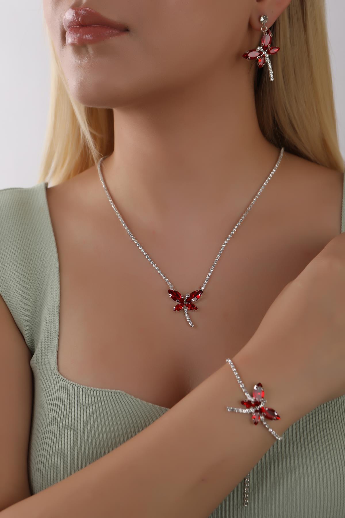 HUBANN Kırmızı Taşlı Yusufcuk Kolye Küpe Bileklik Seti Gümüş Kaplama Yusufcuk Kuşu Kolye Küpe Bileklik Seti