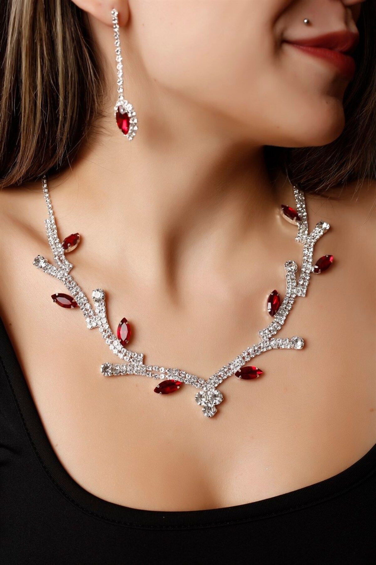 STONEFANS Silver Plated Red Flower Stone Necklace and Earring Set