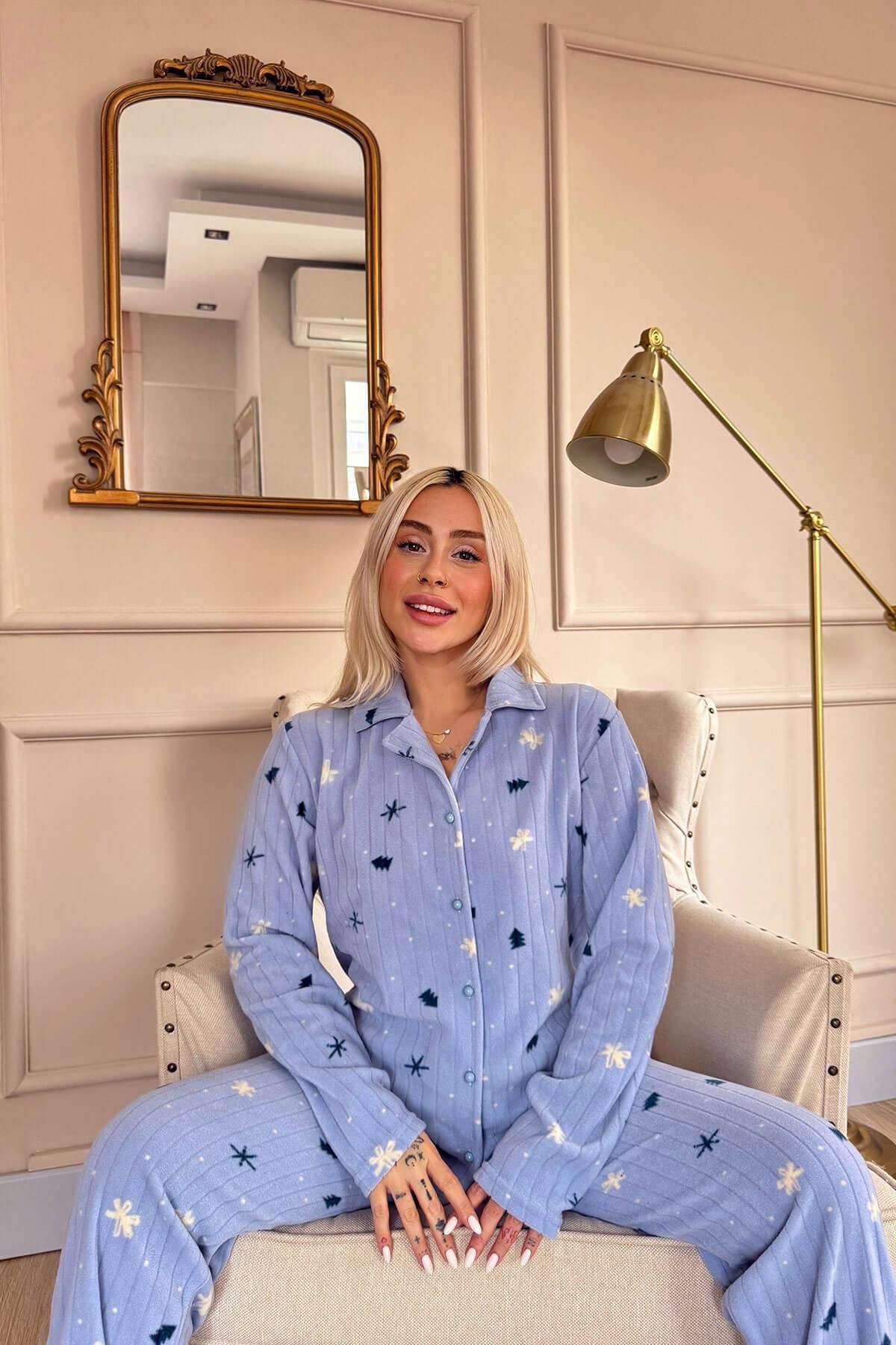 Pijamaevi-Blue Pine Patterned Front Buttoned Plush Fleece Pajama Set 4
