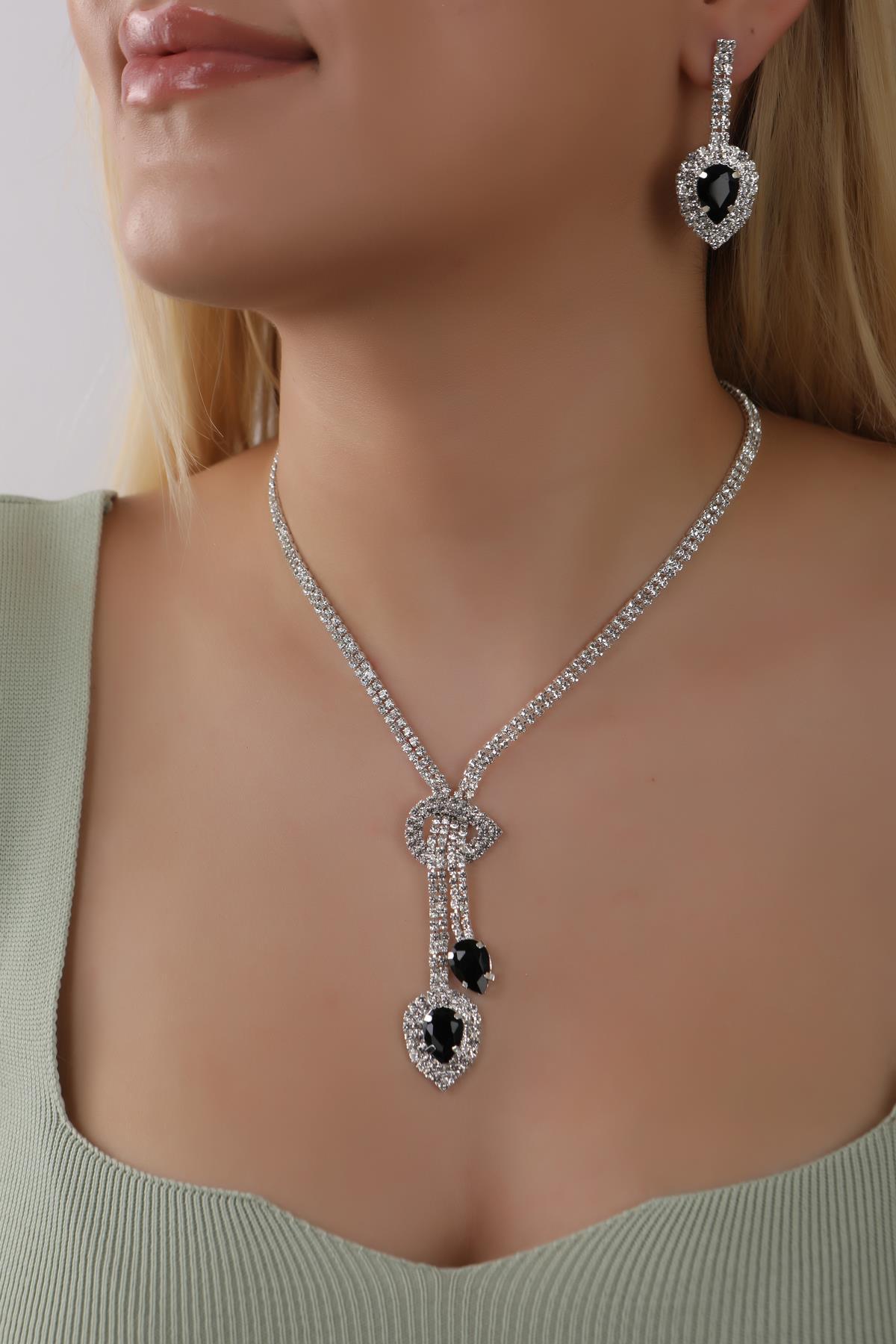 Stylish Waterway Black Drop Gemstone Necklace Earrings Set Bridal Jewelry Set Engagement Set Party Invitation Set
