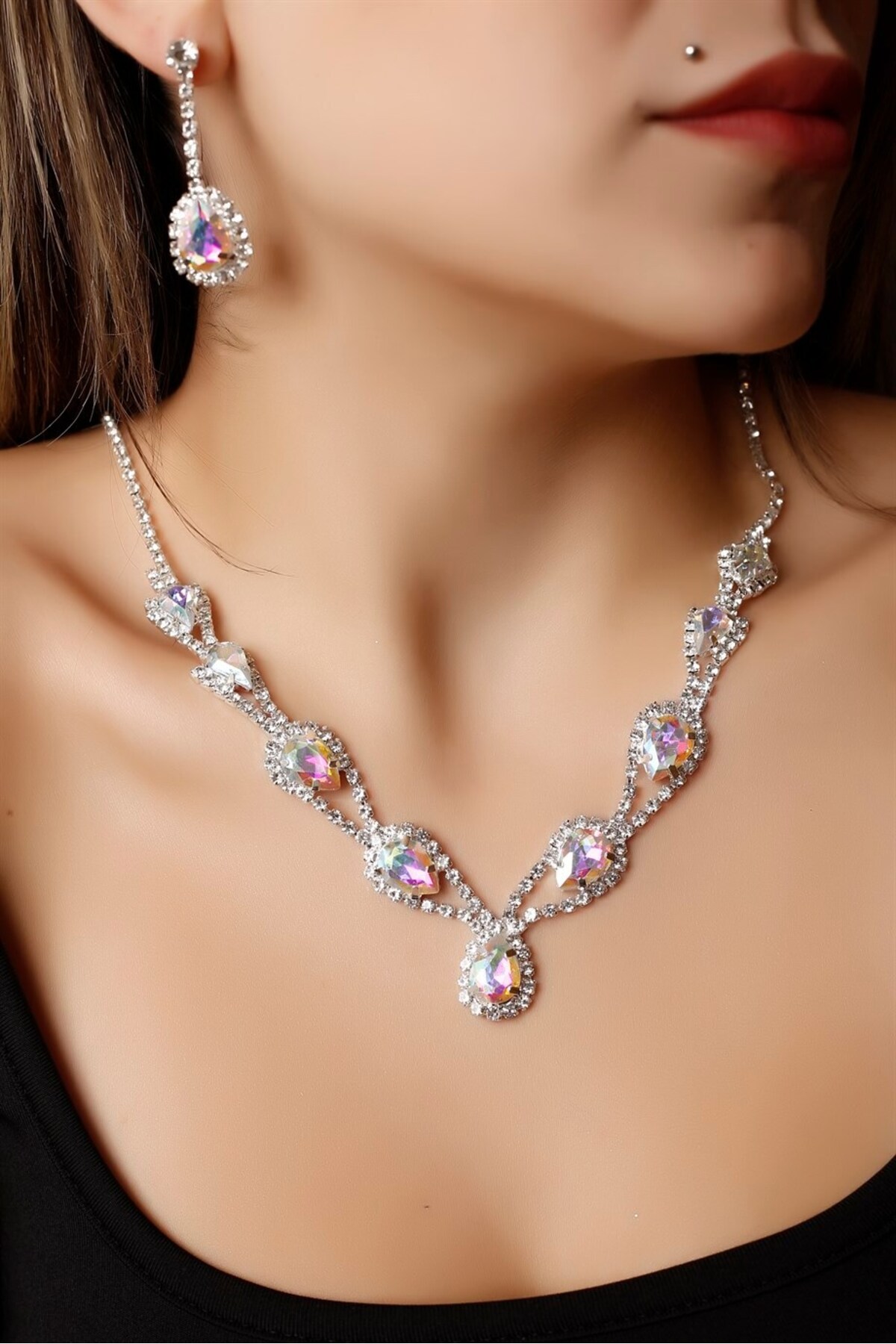 Silver Plated Janjan Gemstone Hürrem Necklace And Earrings Set Special Days Set Wedding Set Necklace