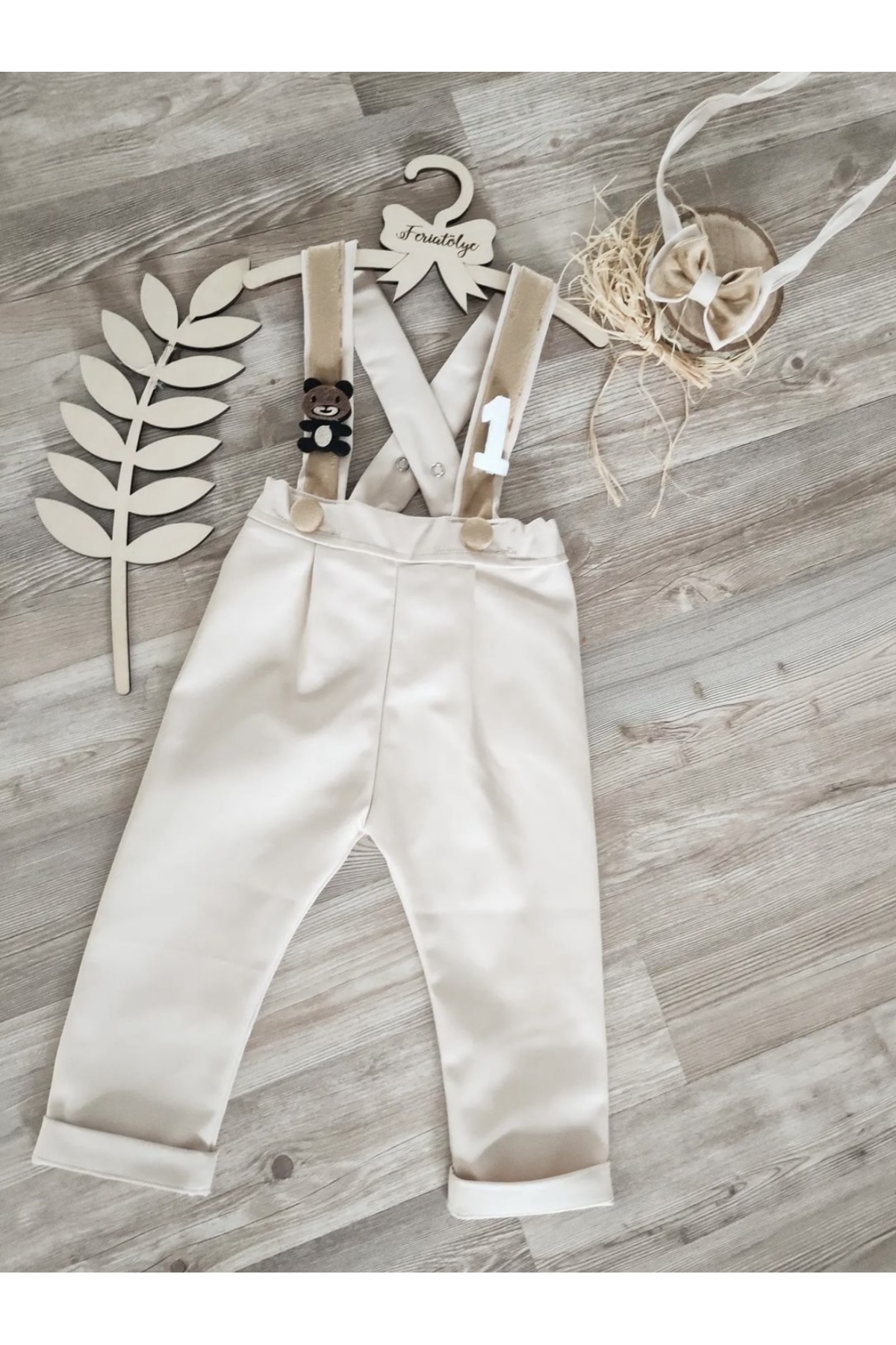 Handmade Cream gold detailed teddy bear concept salopette bow tie set birthday outfit