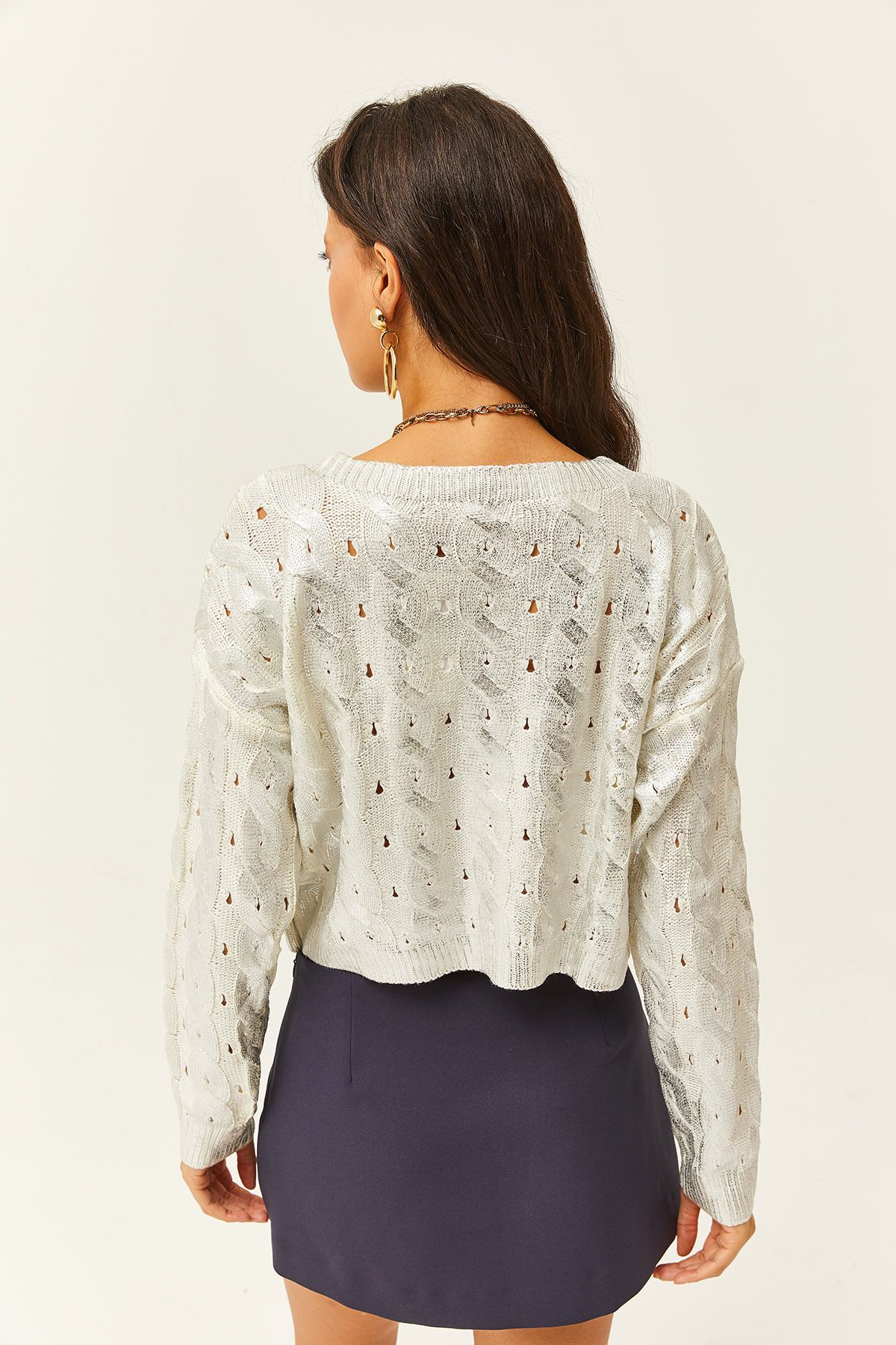 Olalook-Weißer, dicker, geflochtener Metallic-Strickpullover für Damen KZK-19000722 6