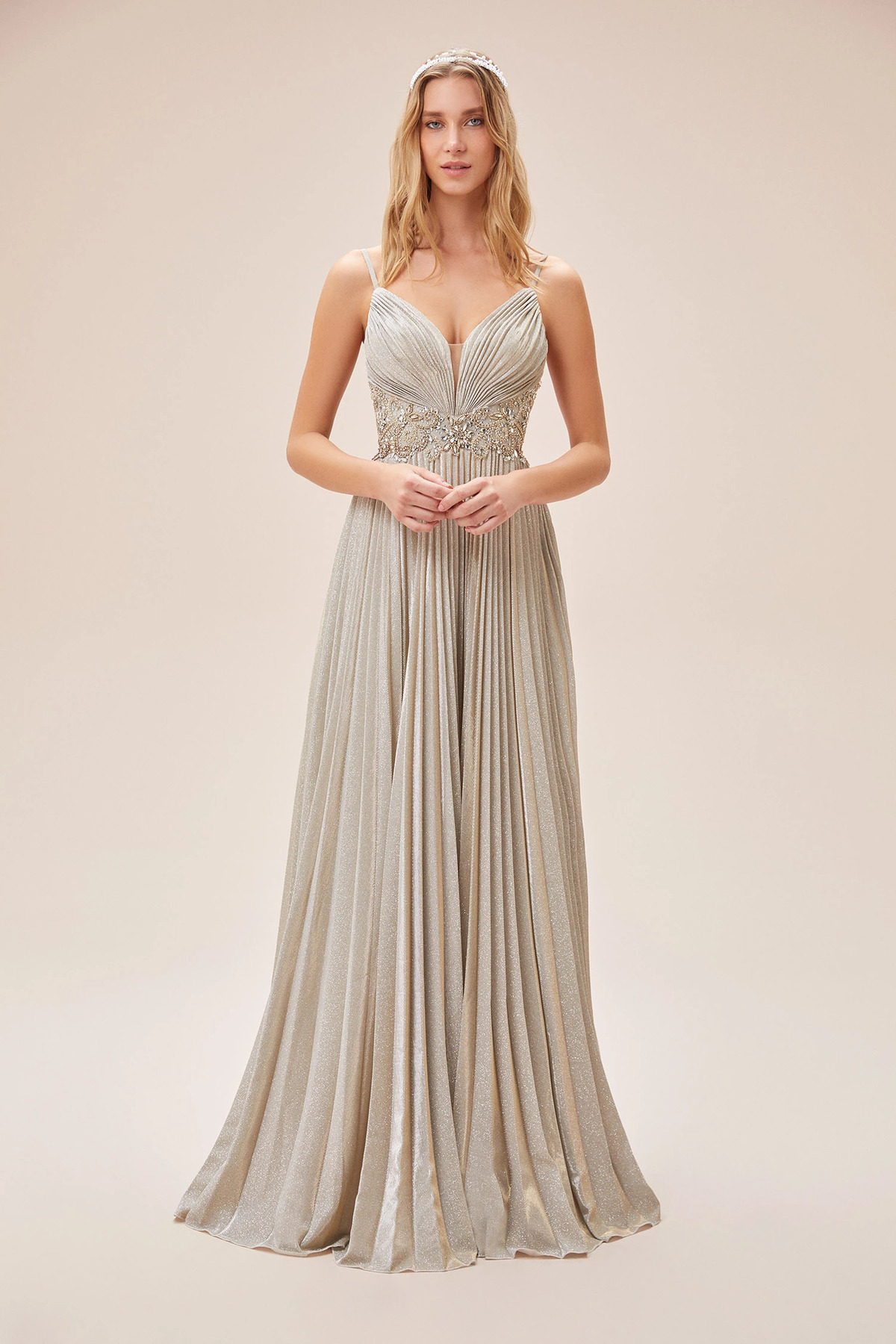 VIOLA CHAN Şampanya Rengi İnce Askılı Kemer Detaylı Uzun Abiye Elbise ...