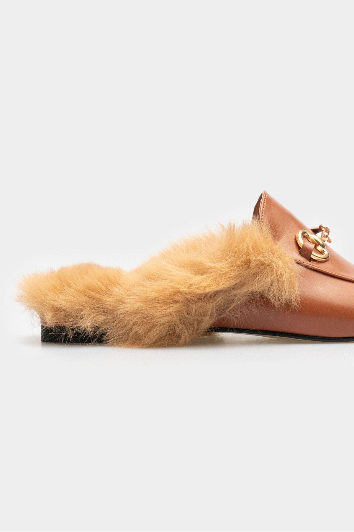 NİŞANTAŞI SHOES-Buffy Brown Matte Accessory Detail Furry Flat Sole Women's Slippers 5