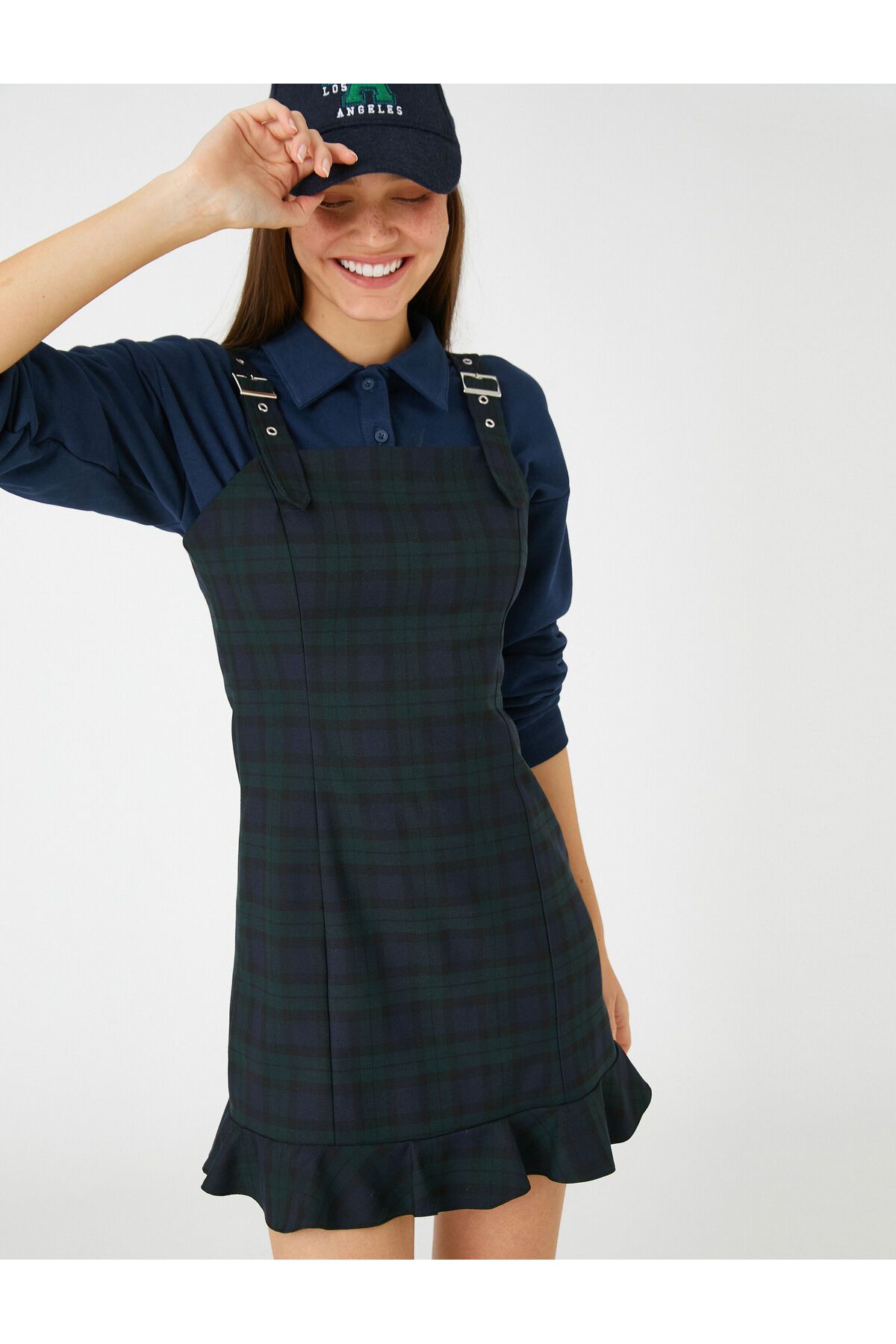 Checked buckle detail pinafore dress online
