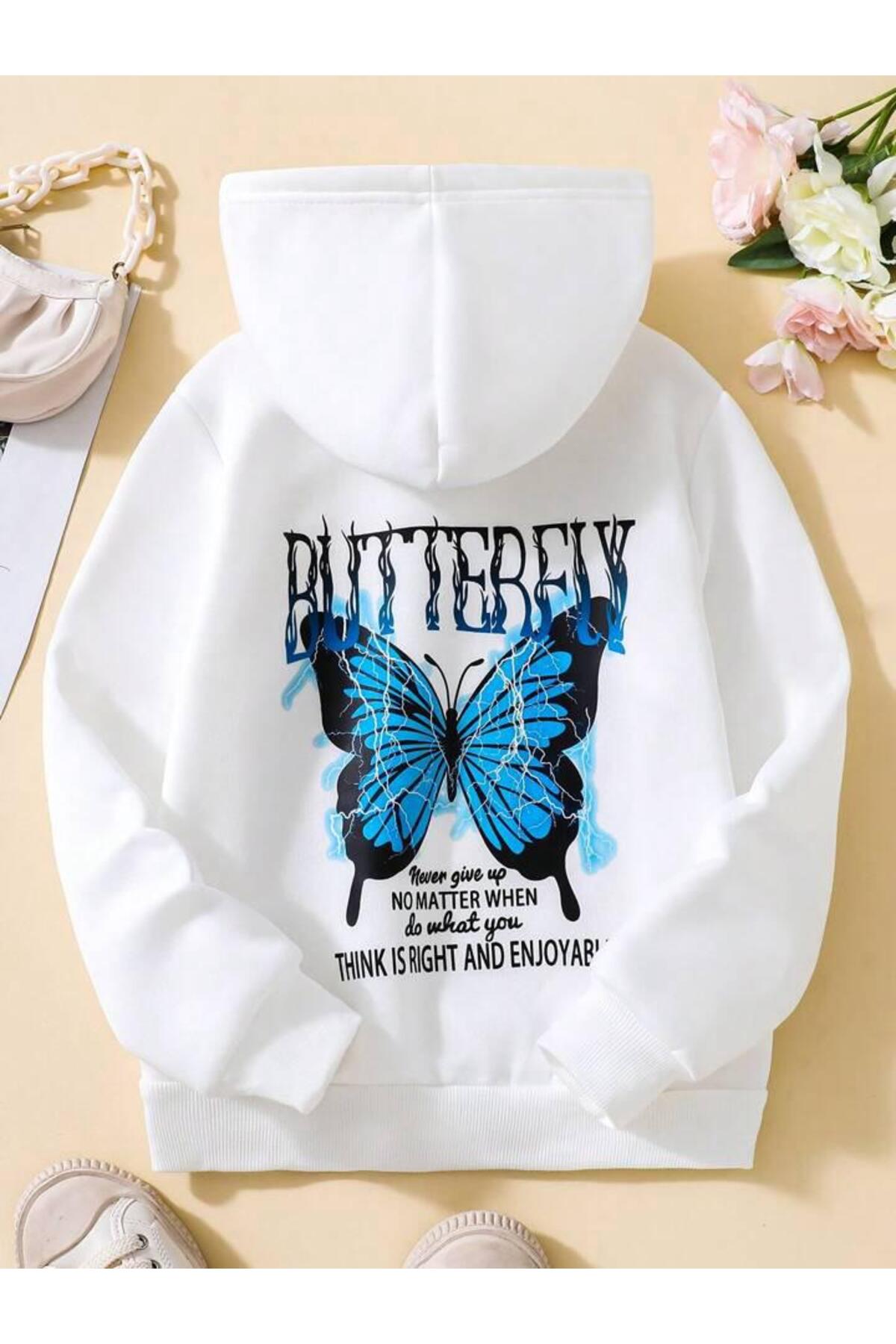 [Kız Çocuk Beyaz Mavi Butterfly Sweatshirt]