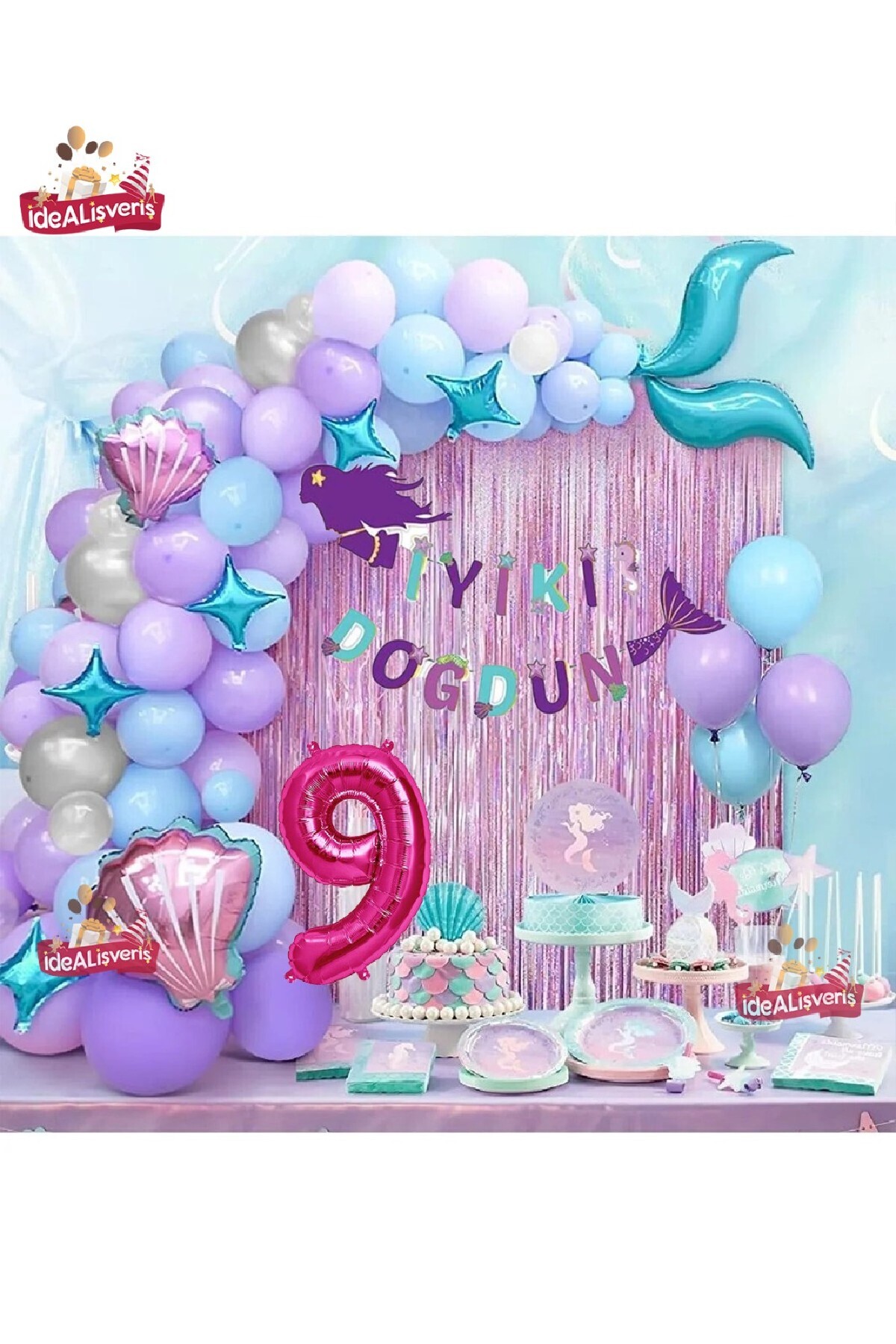 Bkmc Banner Sirenă De 9 Ani Balon Albastru Mov Baloane Din Folie Set Perdea Cu Franjuri Ornament Pentru Petrecerea De Aniversare - 9 years