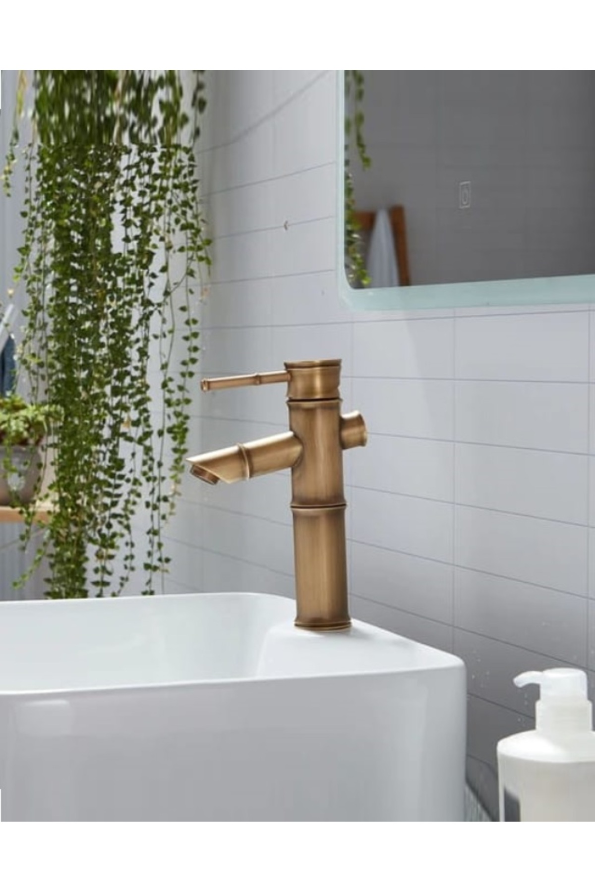RENA DESIGN Bambu Model Rustik Antik Lavabo Bataryası Banyo Musluğu Eskitme Lavabo Armatür Otantik Bakır Görünüm