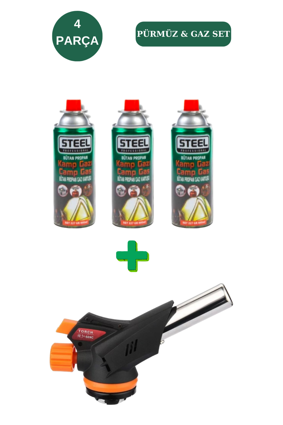 kampteknolojısı Kamp Teknolojisi Bütan Propan 3 Adet Gaz Kartuşu 400 ml 1 Adet 1300°C / 2500°F Kamp Pürmüz Başlığı