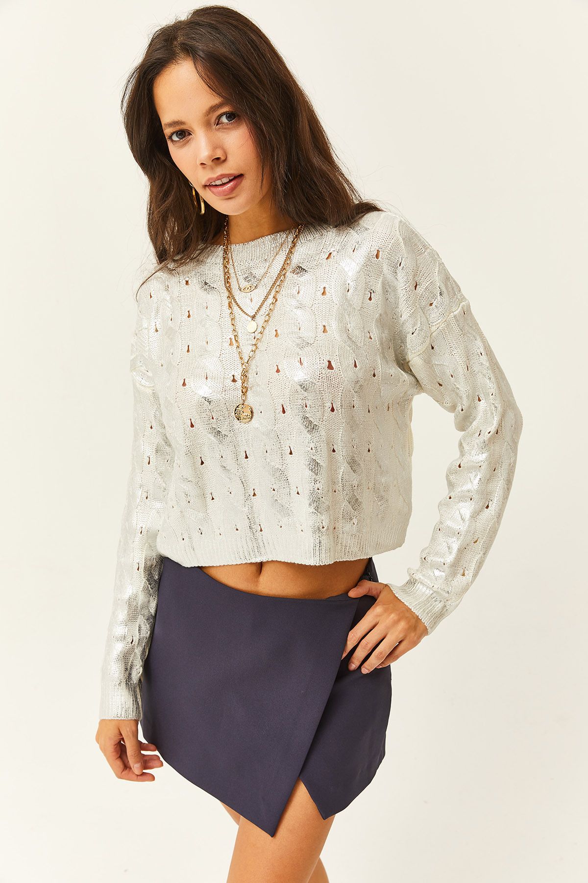 Olalook-Weißer, dicker, geflochtener Metallic-Strickpullover für Damen KZK-19000722 4