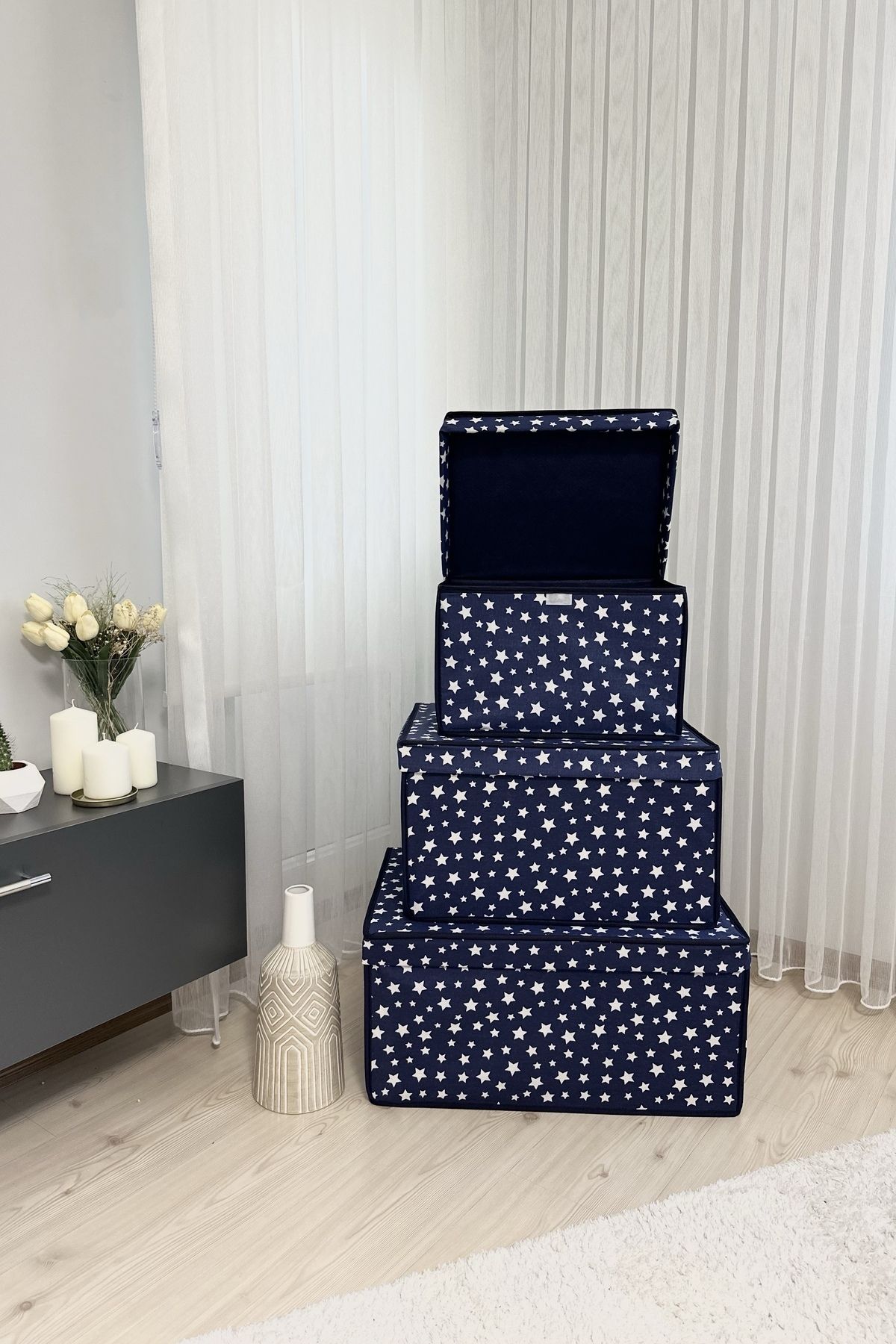 VAYBE-Set of 3 Dark Blue Star Patterned Multi-Purpose Storage Box, Storage Box, Box, Organizer, Toy Box 1