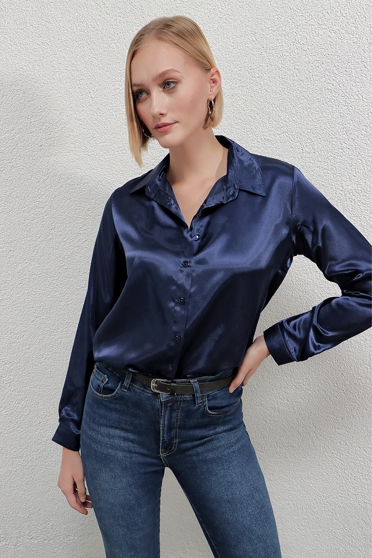 hazelin Women s Navy Blue Lightly Draped Satin Surface Shirt