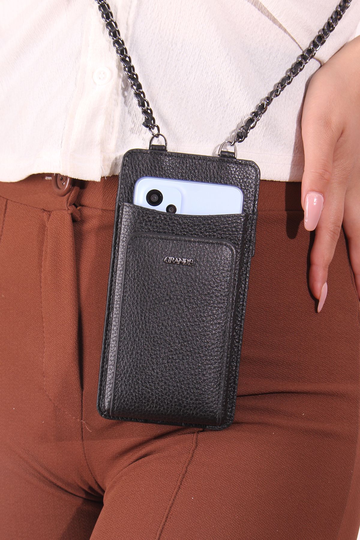 Grande 2783 Suport Telefon Din Piele Naturală Cu Compartiment Portofel Negru Femeie - One Size