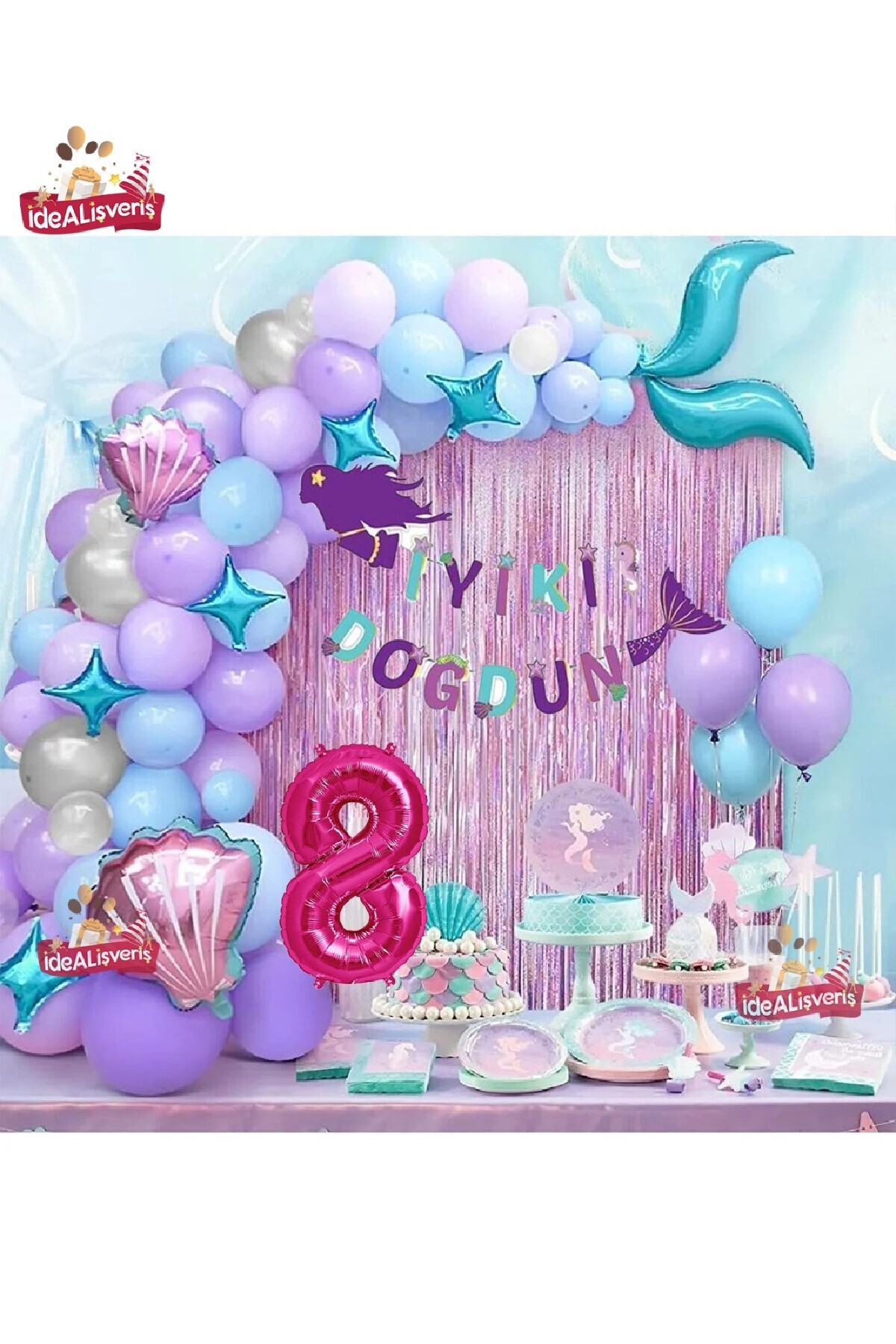 Bkmc Banner Sirenă De 8 Ani Balon Albastru Mov Baloane Din Folie Set Perdea Cu Franjuri Ornament Pentru Petrecerea De Aniversare - 8 years