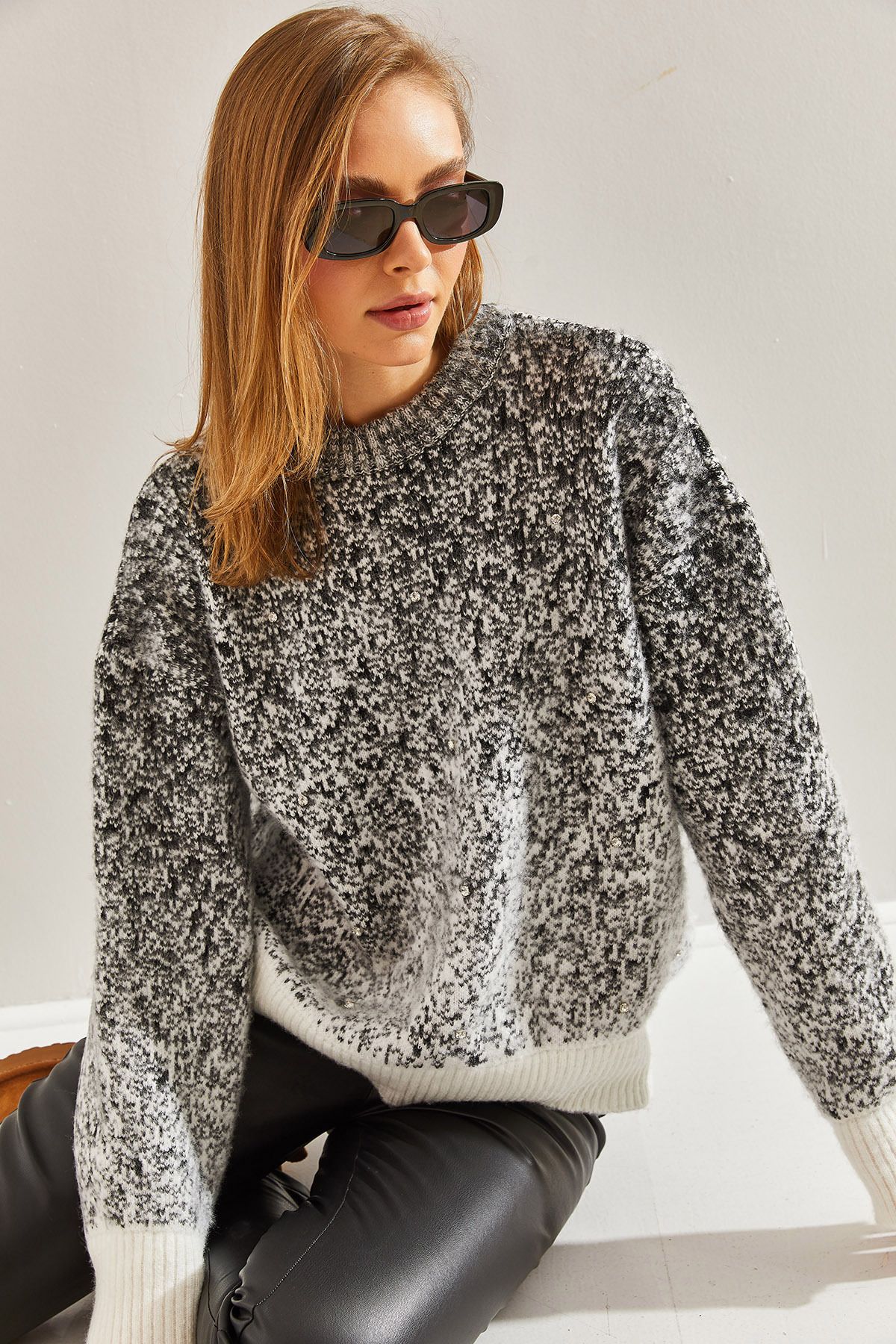 Bianco Lucci-Women's Pearl Stone Detailed Knitwear Sweater 7