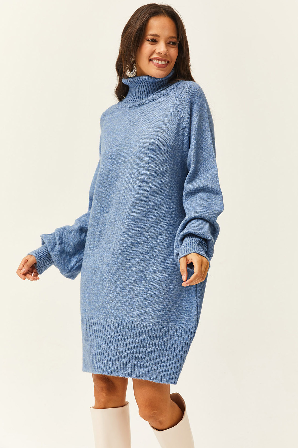 Women's Baby Blue Turtleneck Balloon Sleeve Loose KNITWEARDRESS-19000867