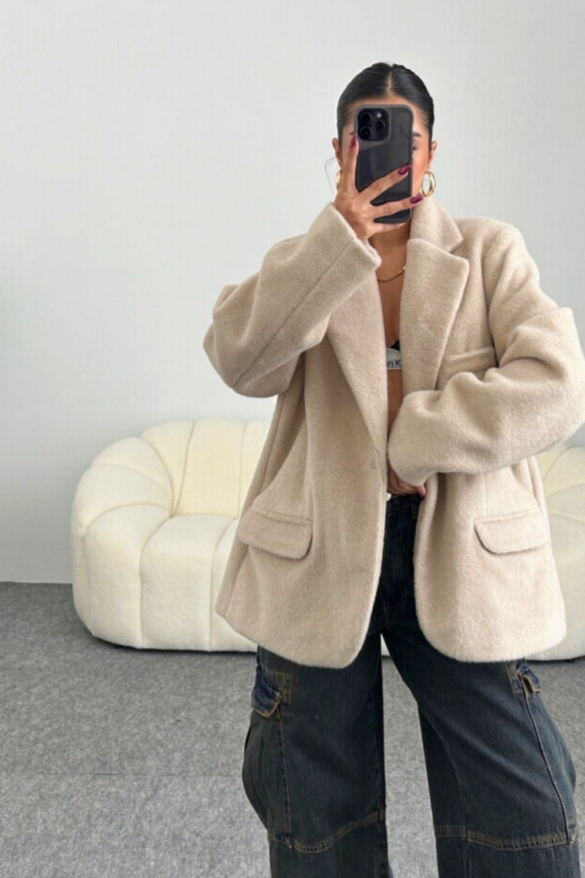 FMN Moda women s stamp oversize loose fit button detail lined