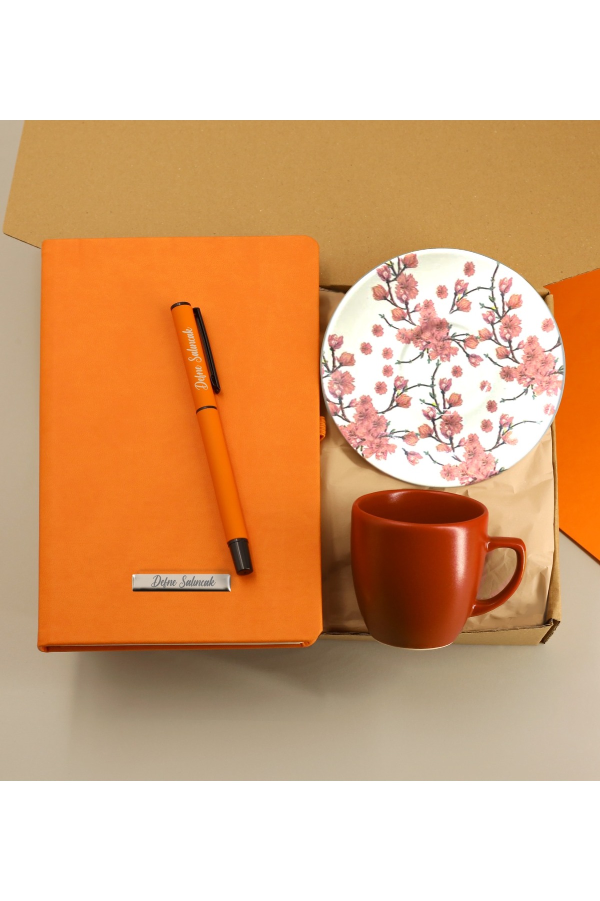 Personalized Thermo Leather Orange Notebook & Orange Rollerball Pen & Colored Coffee Cup Gift Set