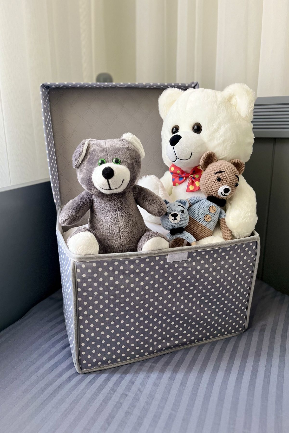 VAYBE-Set of 3 Gray Polka Dot Patterned Multi-Purpose Storage Box, Box Storage, Box, Organizer, Toy Box 4