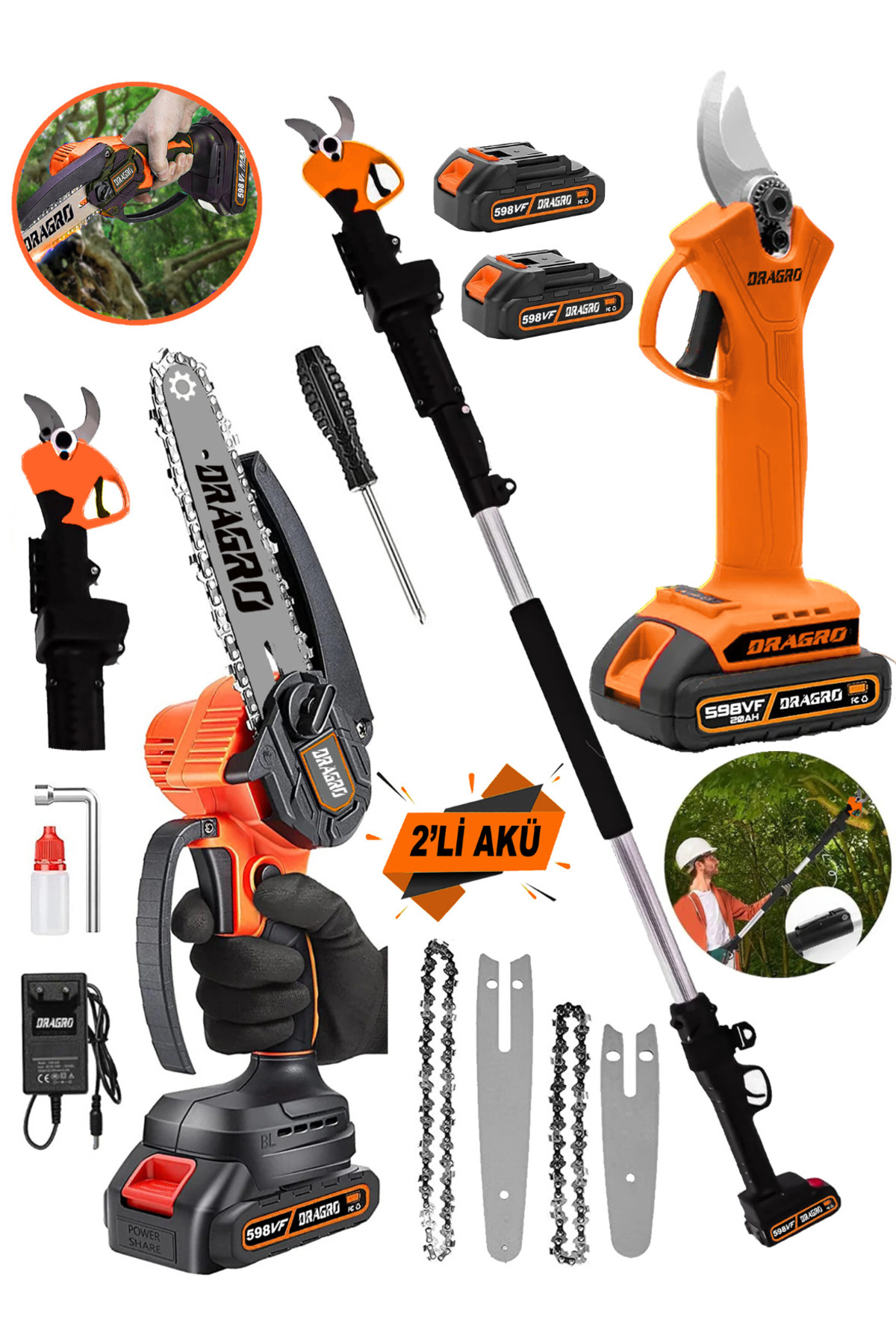 Dragro Alman 4x4 598 Vf 20 Ah 2 Li Set 2 Akülü Şarjlı Ağaç Dal Kesme Budama Makası Testere Teleskopik